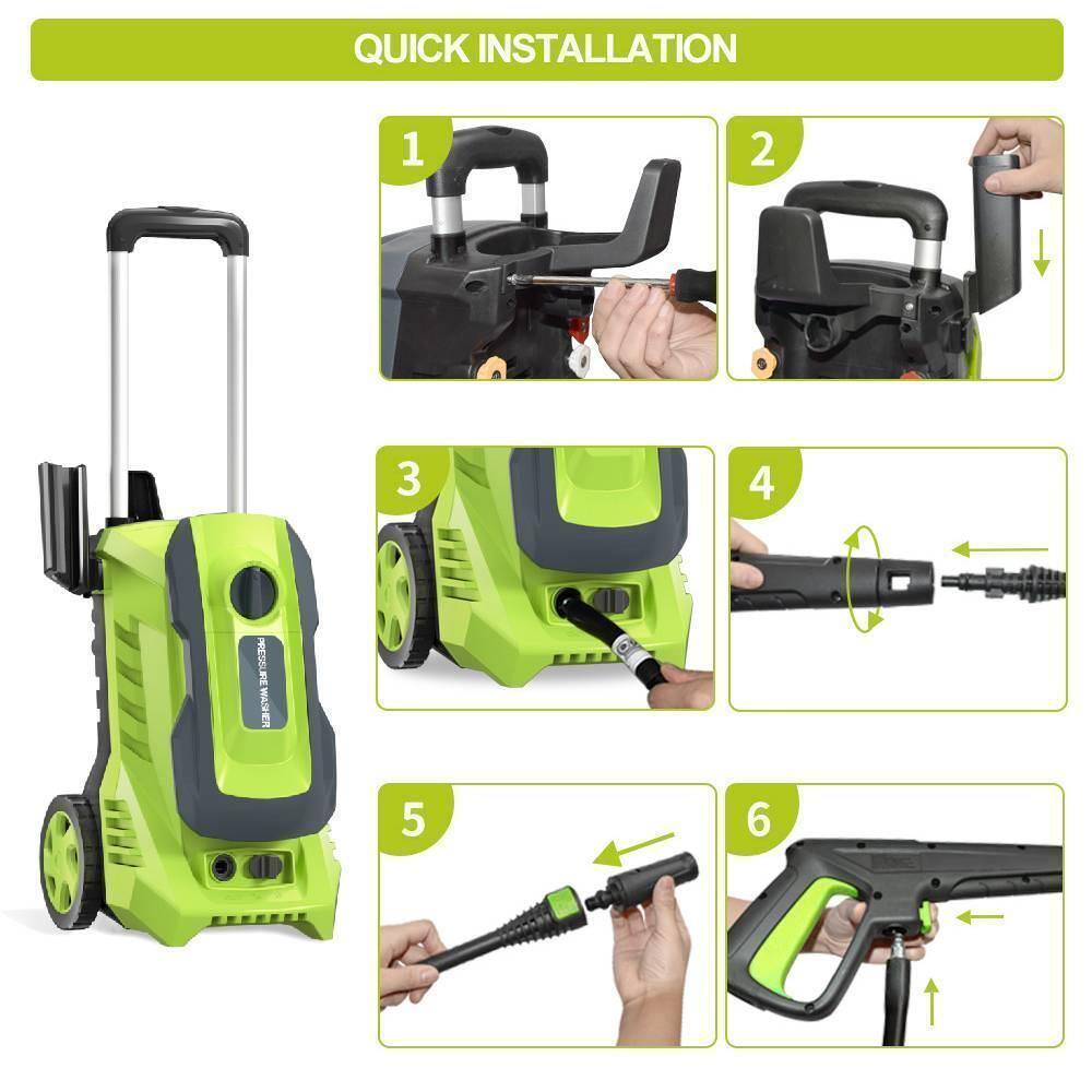 QUICK INSTALLATION

1. Attach the handle to the top of the machine.
2. Secure the handle with a screw.
3. Insert the hose into the machine.
4. Connect the nozzle to the hose.
5. Attach the nozzle to the wand.
6. Attach the wand to the machine.