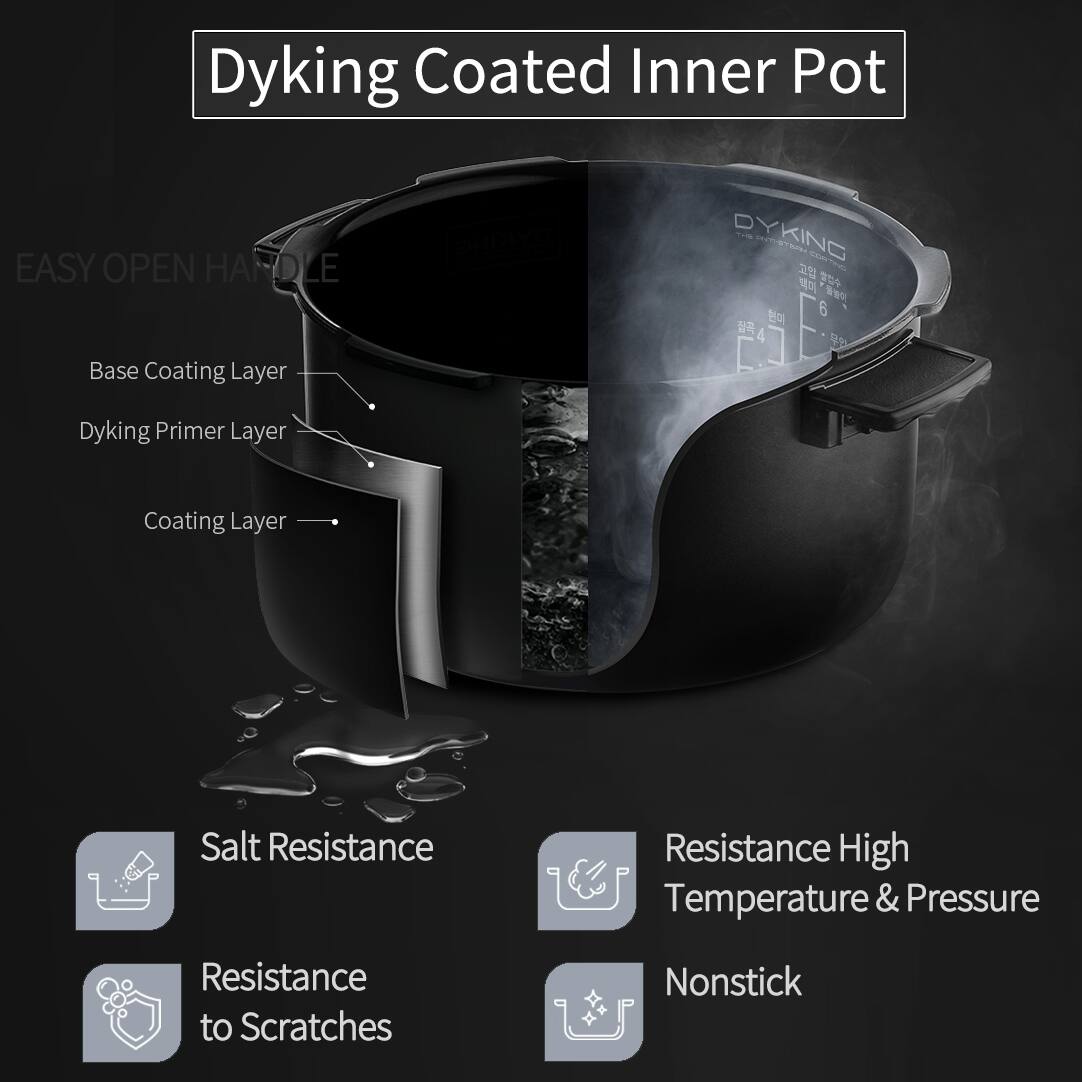 Dyking Coated Inner Pot

- Easy Open Handle
- Base Coating Layer
- Dyking Primer Layer
- Coating Layer

Features:
- Salt Resistance
- Resistance to Scratches
- Resistance to High Temperature & Pressure
- Nonstick