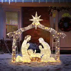 Front. Winado - 6FT Christmas Nativity Jesus Scene Set with LED Lights Christian Families for Xmas Outdoor Holiday Party Decoration - Brown Roof.