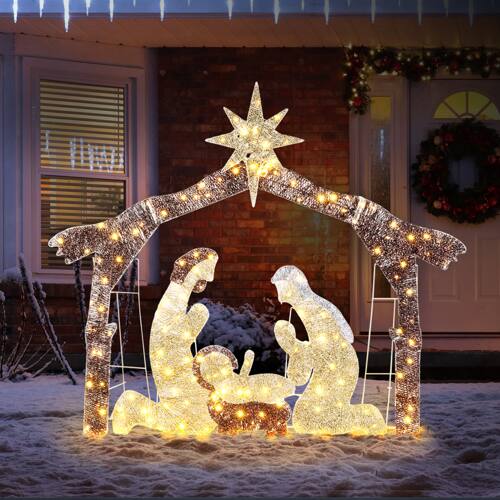 Front. Winado - 6 FT Christmas Nativity Set Lighted Nativity Scene for Christmas Outdoor Decoration with LEDs - Brown Roof.