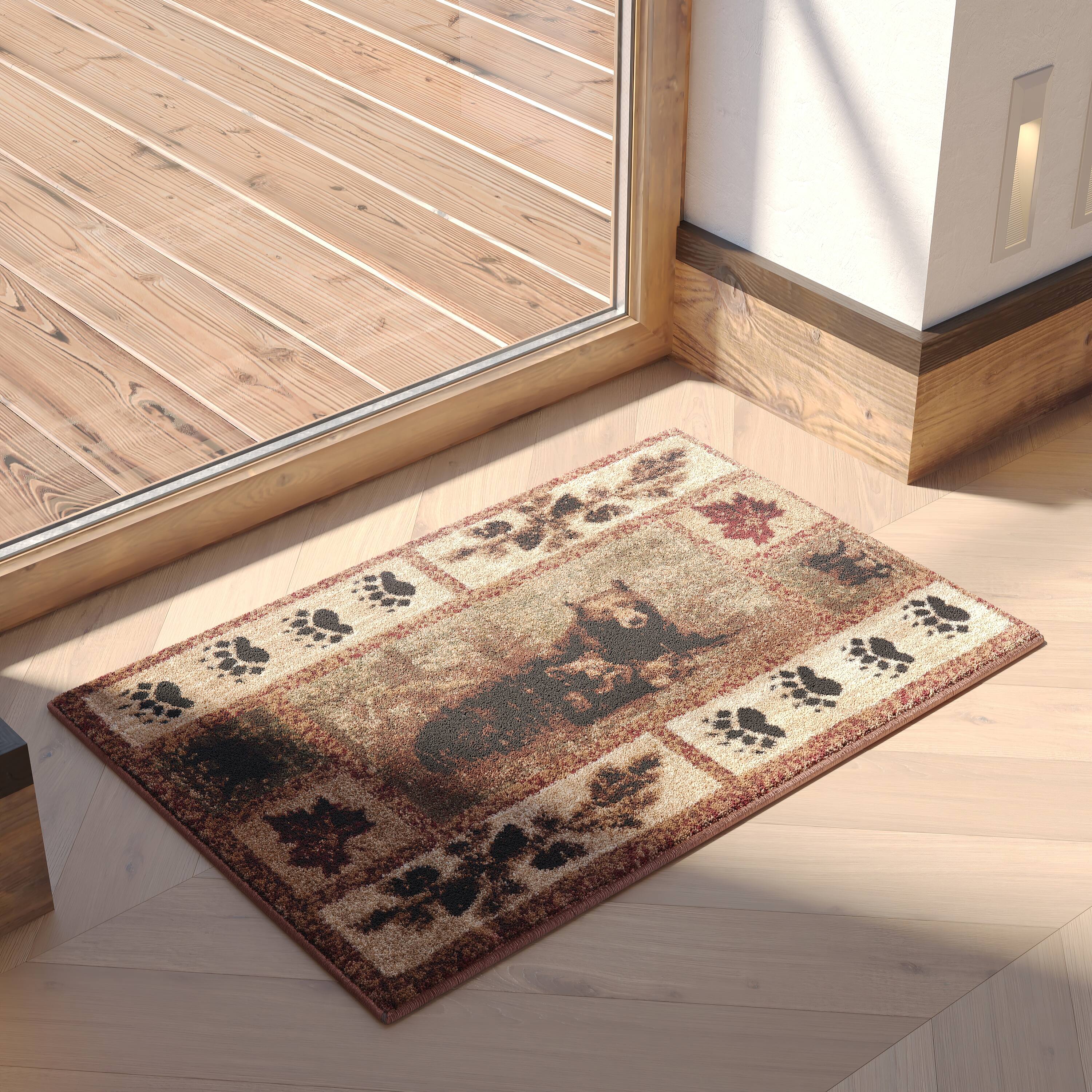 Alt View 2. Emma + Oliver - Juneau Accent Rug with Mother Brown Bear and 2 Cubs Nature Scene and Leaf and Bear Track Detailing for Home, Cabin or RV - Brown.