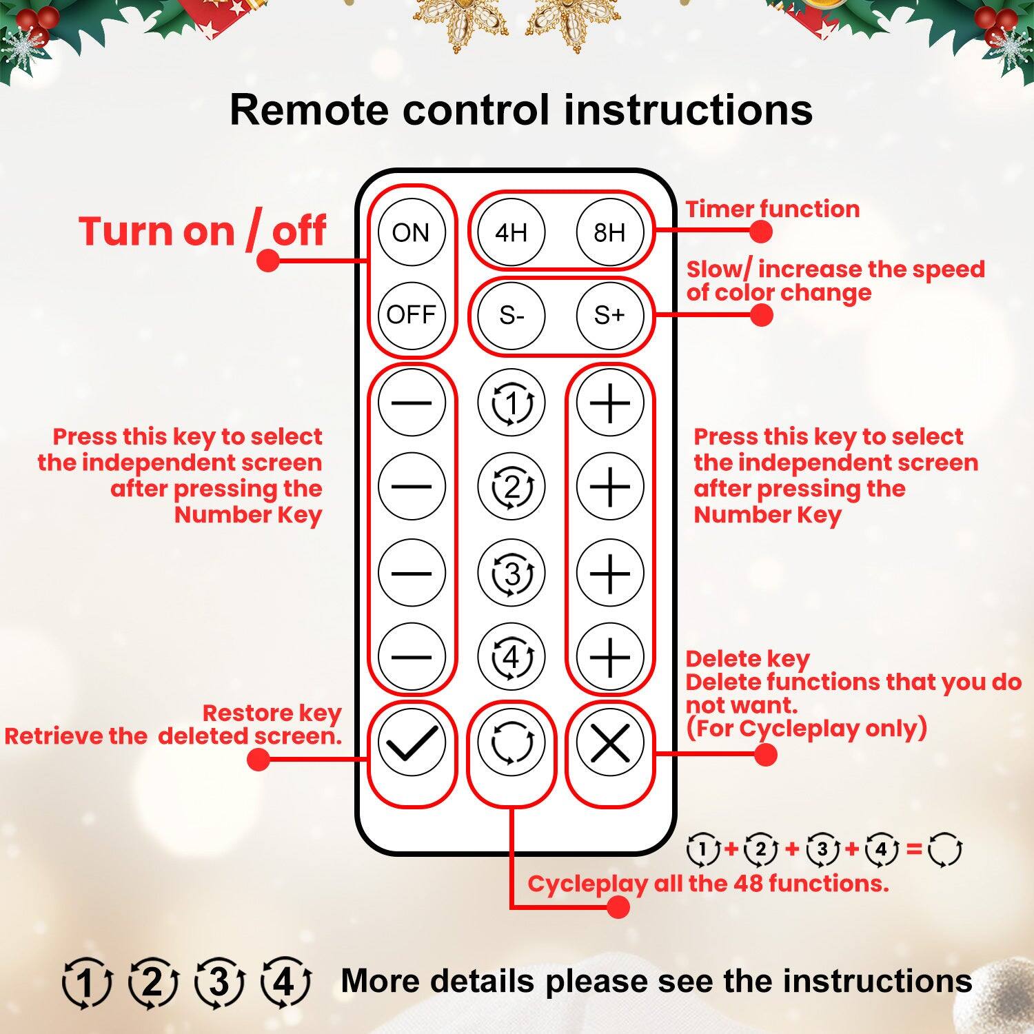Remote control instructions

Turn on / off  
ON  
OFF  

Timer function  
4H  
8H  
S-  
S+  

Slow / increase the speed of color change  

Press this key to select the independent screen after pressing the Number Key  
1  
2  
3  
4  

Press this key to select the independent screen after pressing the Number Key  

Restore key  
Retrieve the deleted screen.  

Delete key  
Delete functions that you do not want. (For Cycleplay only)  

Cycleplay all the 48 functions.  
1 + 2 + 3 + 4 =  

More details please see the instructions