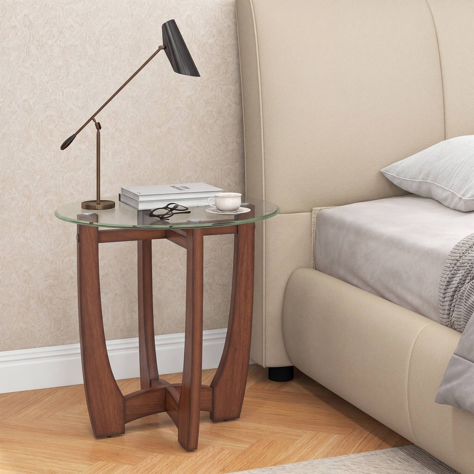 Alt View 1. Gymax - Gymax 23.5'' Round Side Table w/ Glass Tabletop Cross-shaped Solid Rubber Wood Frame Clear Walnut - Brown.