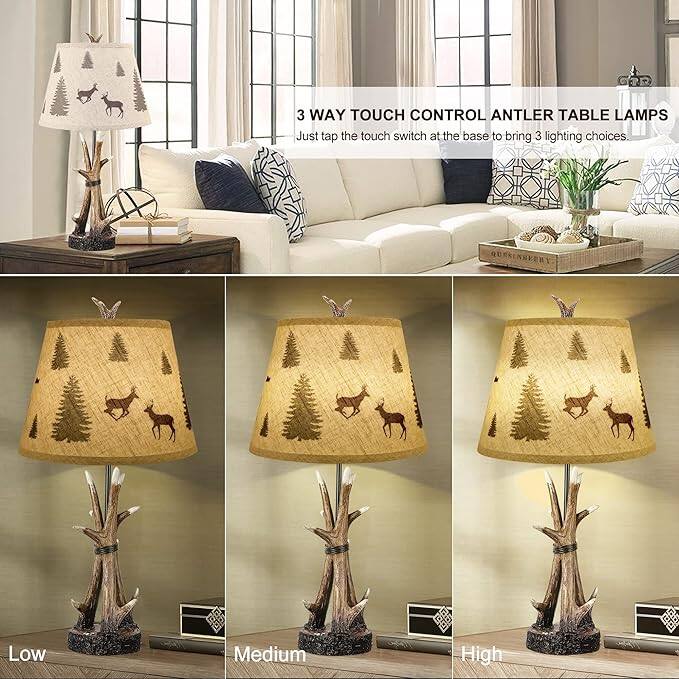 3 WAY TOUCH CONTROL ANTLER TABLE LAMPS  
Just tap the touch switch at the base to bring 3 lighting choices.  
Low  
Medium  
High