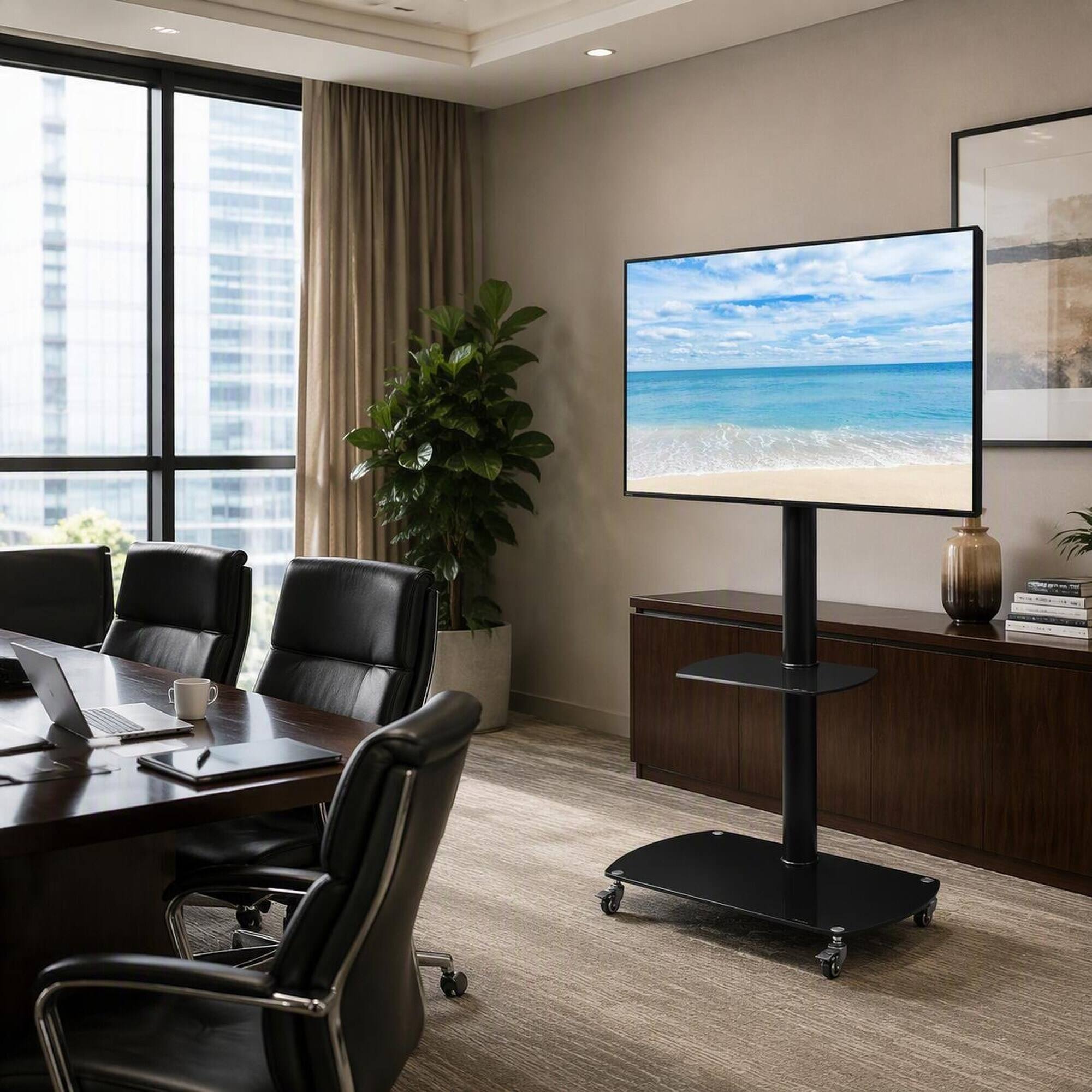 Alt View 4. RYHNUYNE - Multi-Function Adjustable TV Stand, Tempered Glass Metal Frame Cart With 2-Tier Shelves - Black.