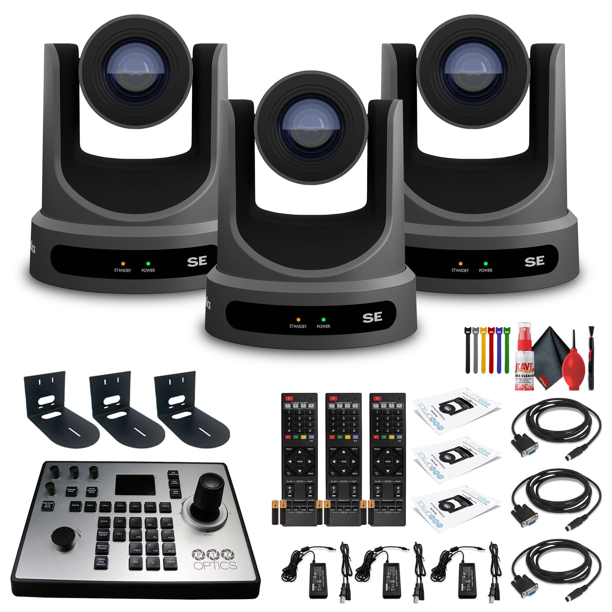 3 x PTZOptics Move SE PTZ Camera with 30x Optical Zoom (PT30X-SE-GY-G3) + PT-JOY-G4 Controller + 3 x Wall Mount