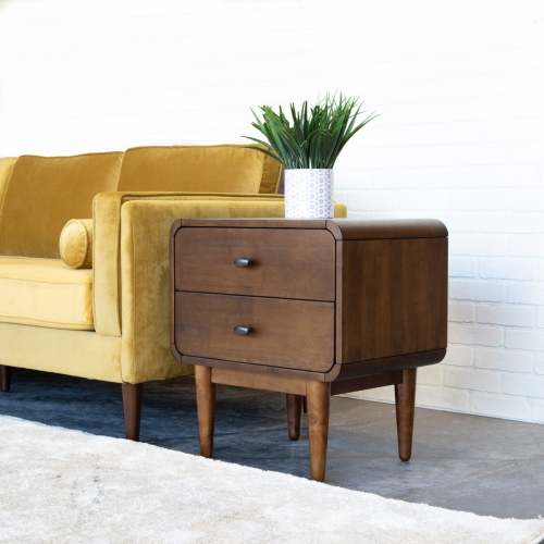 Left. LUCKY ONE - Assembled Mid Century Nightstand with Solid Wood Tapered Legs - Brown.