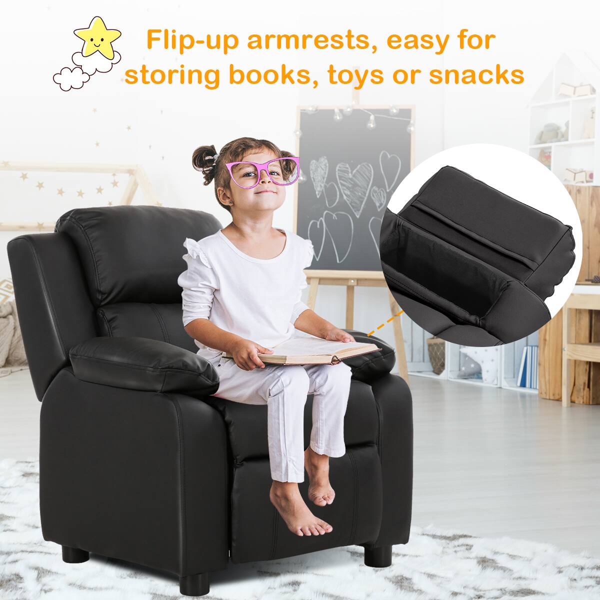 Flip-up armrests, easy for storing books, toys or snacks