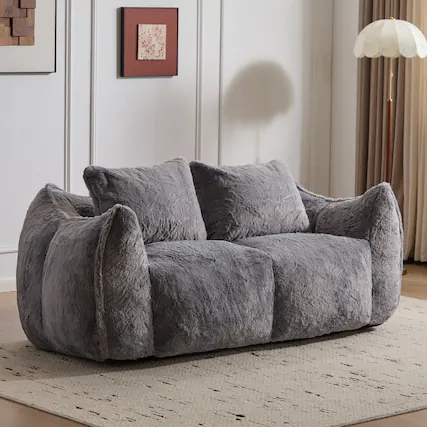 Front. Whisen - 2-Seater Giant Bean Bag Couch, Soft Faux Fur Oversized Loveseat Sofa for Living Room & Bedroom - Grey.