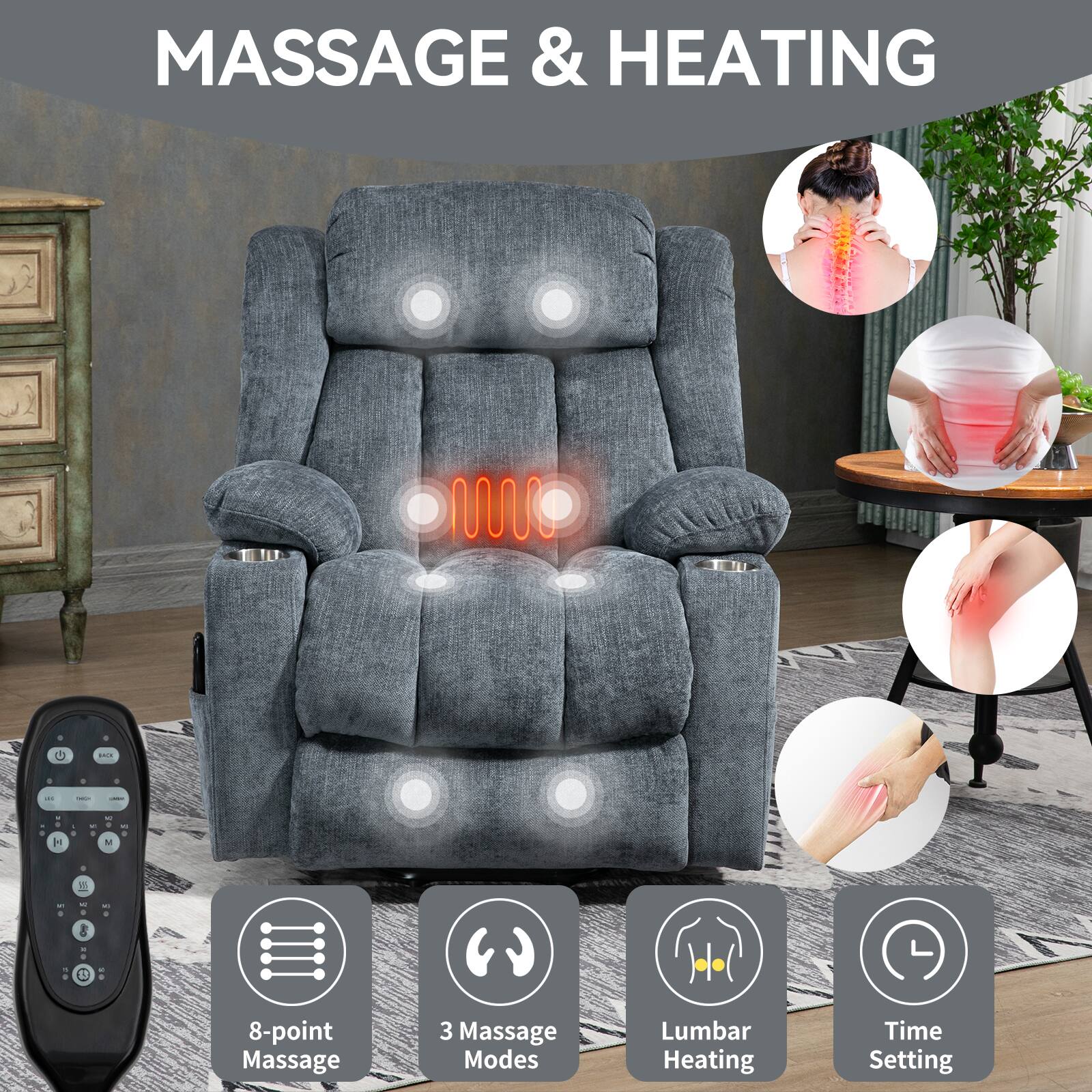 MASSAGE & HEATING

- 8-point Massage
- 3 Massage Modes
- Lumbar Heating
- Time Setting