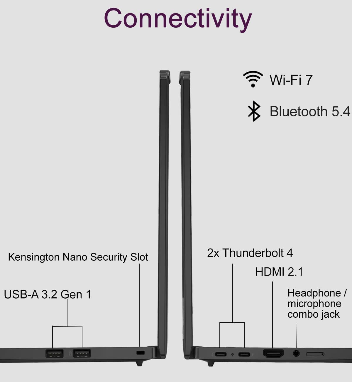Connectivity  
Wi-Fi 7  
Bluetooth 5.4  
Kensington Nano Security Slot  
2x Thunderbolt 4  
HDMI 2.1  
USB-A 3.2 Gen 1  
Headphone/ microphone combo jack