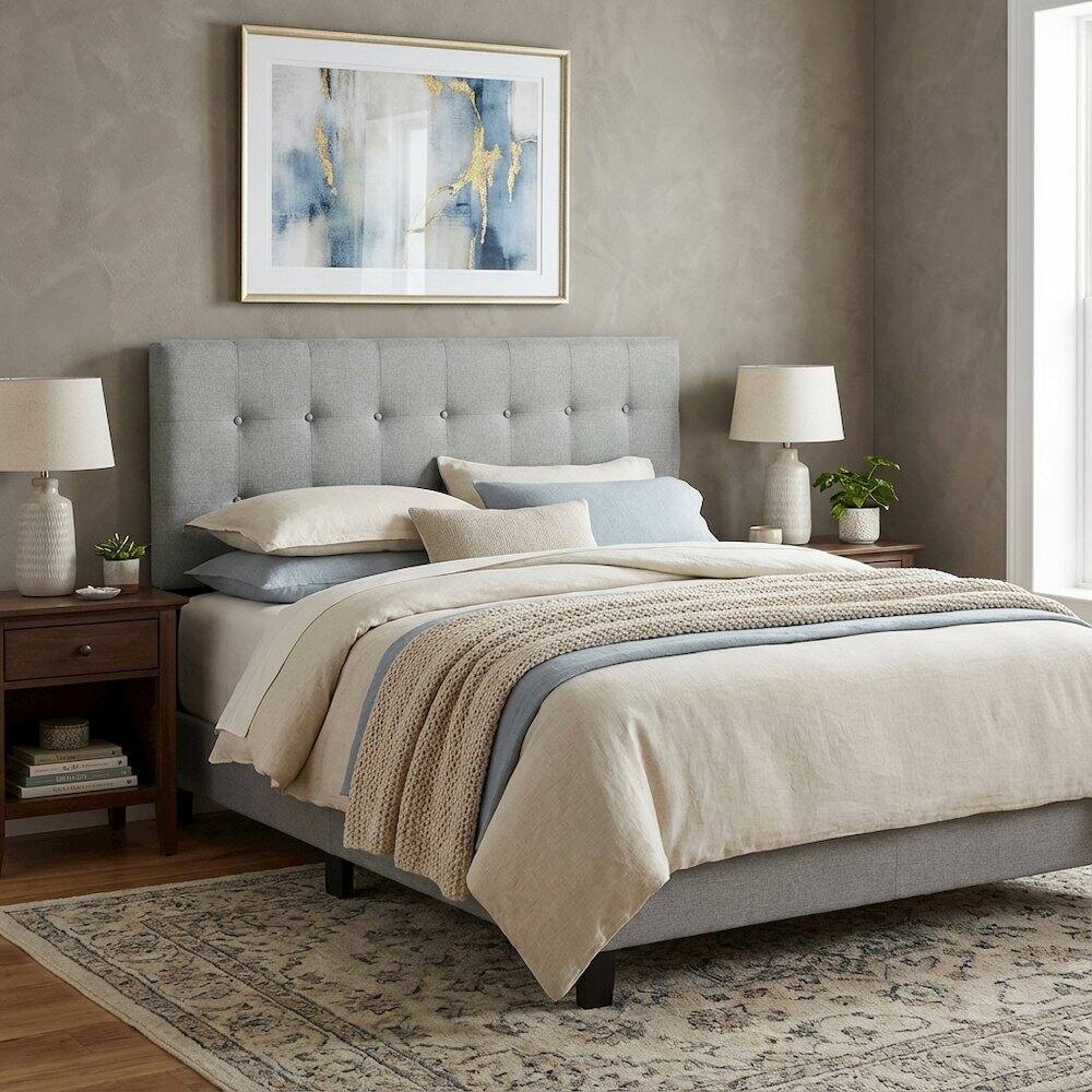 Left. FurniFact - Upholstered Fabric Queen Headboard with Padded Design and Durable Frame - Gray.