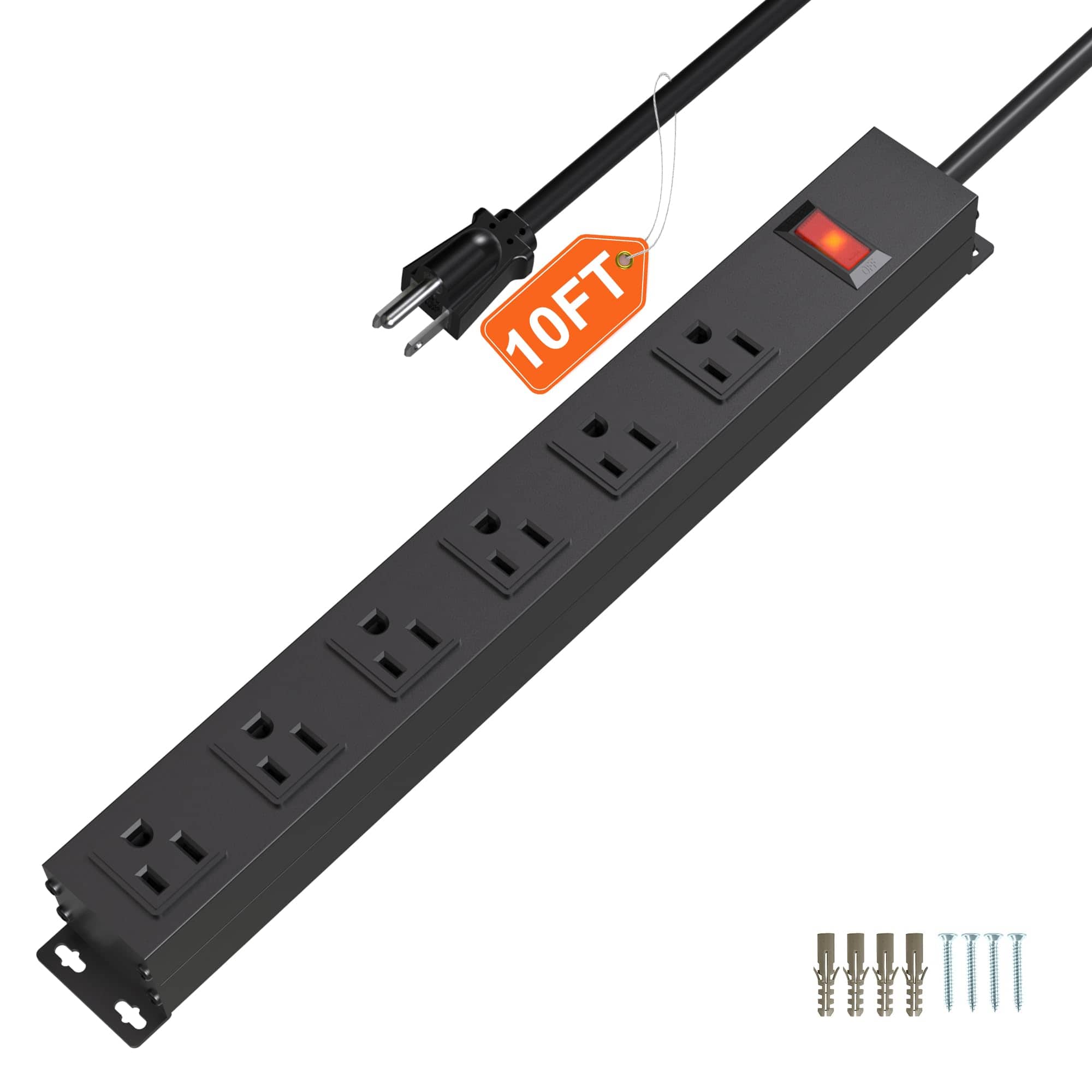 Dazzed Corner - 6 Outlet Power Strip,10FT Power Cord,Wall Mount Metal Industrial Power Strip - Black