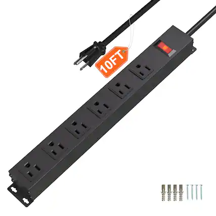 Front. Dazzed Corner - 6 Outlet Power Strip,10FT Power Cord,Wall Mount Metal Industrial Power Strip - Black.