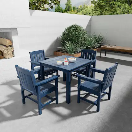 Front. Fortune Candy - Poly Lumber Patio Dining Set, 36.2" Table & Slat Back Chairs with Umbrella Hole, Weather-Resistant(Navy Blue, 5-piece) B - Navy Blue.
