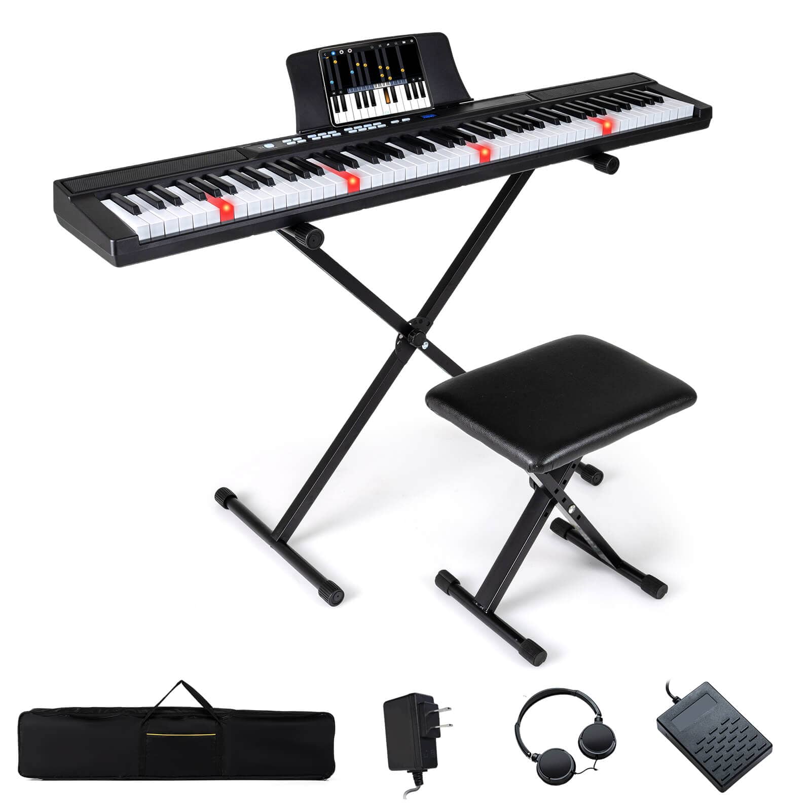 Sure, here is the corrected and grouped text from the image:

- SNA adids 2

- Yamaha P-45

- 61-key Portable Keyboard

- Includes: Keyboard, Stand, Bench, Power Supply, Headphones, and Carrying Case