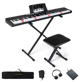 Costway - 88-Key Electric Piano Keyboard with Adjustable Stand Stool, Light-up Keys & Buttons - Black