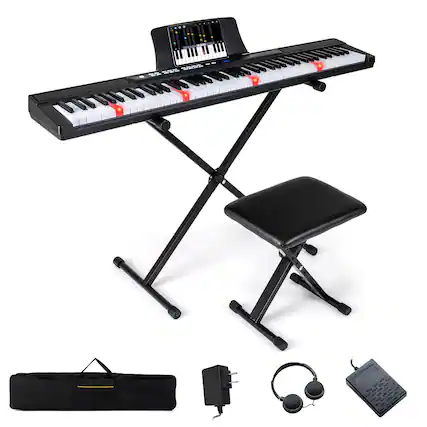 Sure, here is the corrected and grouped text from the image:
- SNA adids 2
- Yamaha P-45
- 61-key Portable Keyboard
- Includes: Keyboard, Stand, Bench, Power Supply, Headphones, and Carrying Case