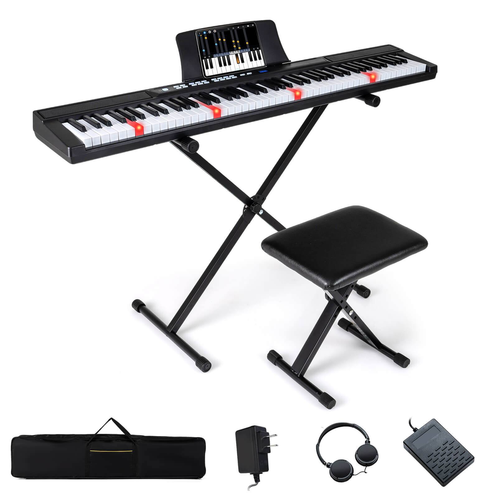 Costway - 88-Key Electric Piano Keyboard with Adjustable Stand Stool, Light-up Keys & Buttons - Black