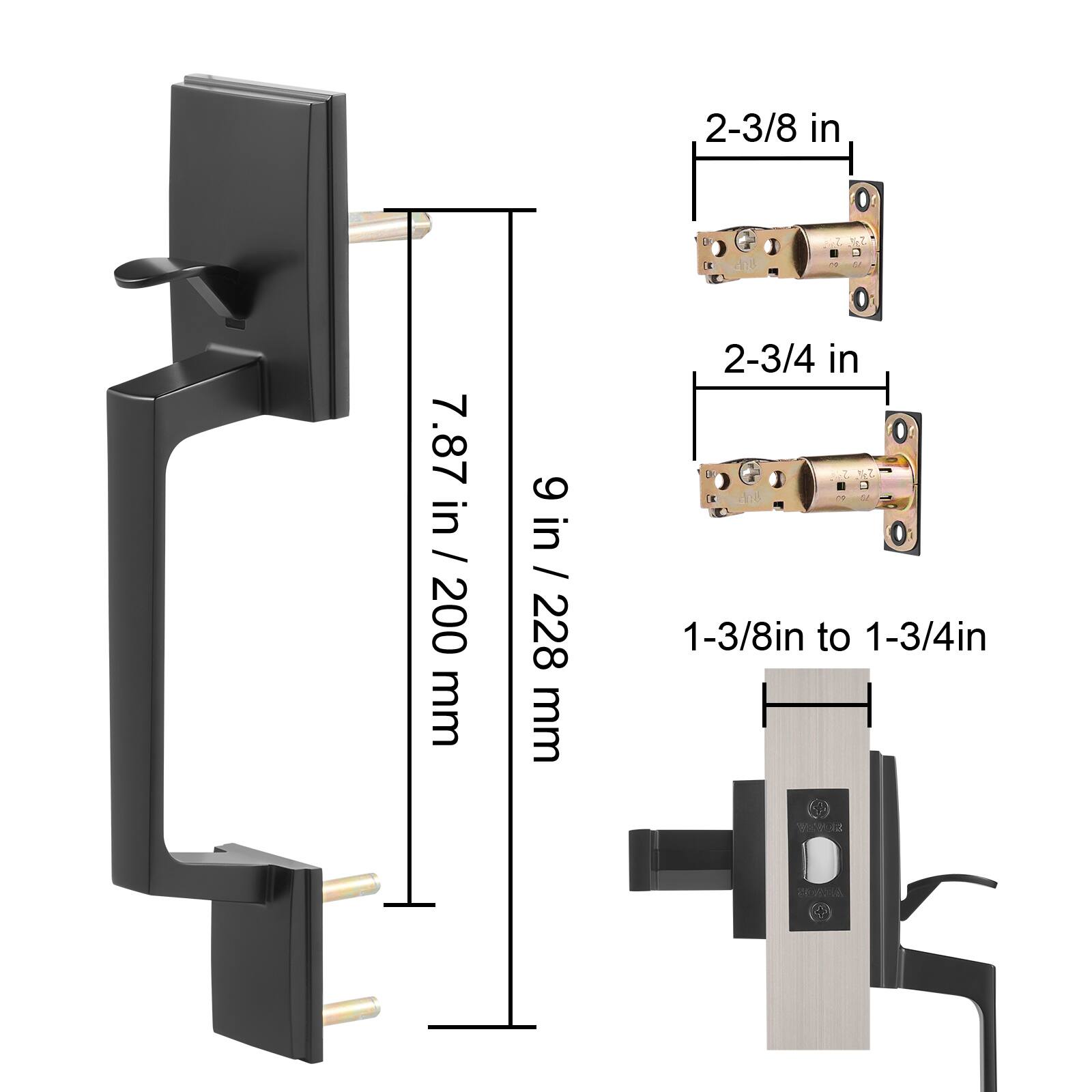 - 2-3/8 in
- 2-3/4 in
- 1-3/8 in to 1-3/4 in

- 7.87 in / 200 mm
- 9 in / 228 mm