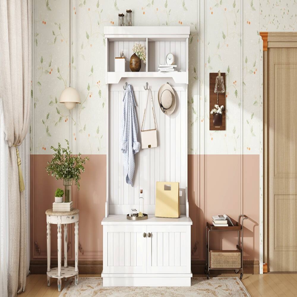 Alt View 8. Loheer - Loheer White Hall Tree with Shoe Bench, Multifunctional Entryway Coat Rack with Storage Cabinet - White.