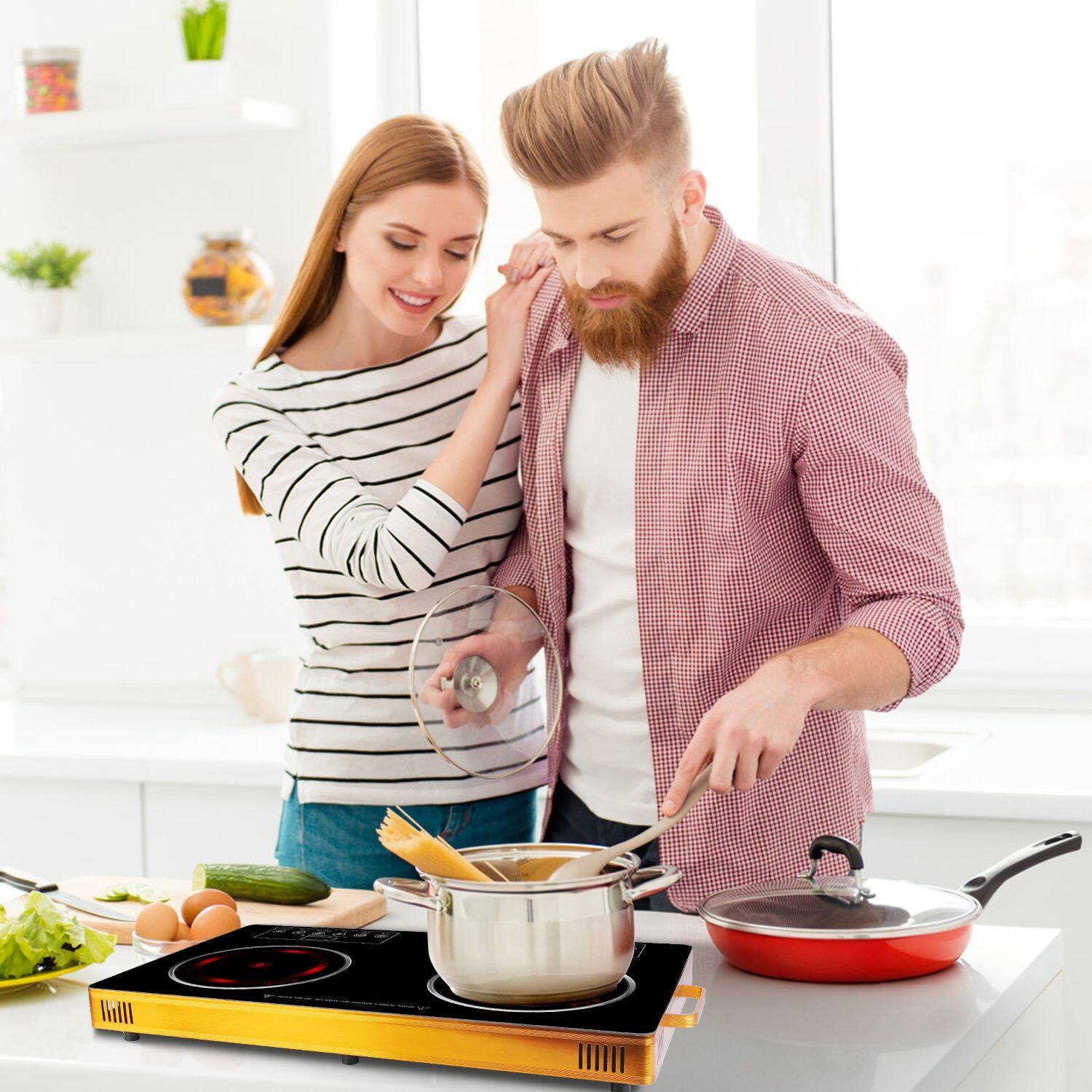 Alt View 2. Mirfee - 7000W Dual Electric Burner, 4 Preset Modes & Timer, Glass Surface for Camper/Office - Black.