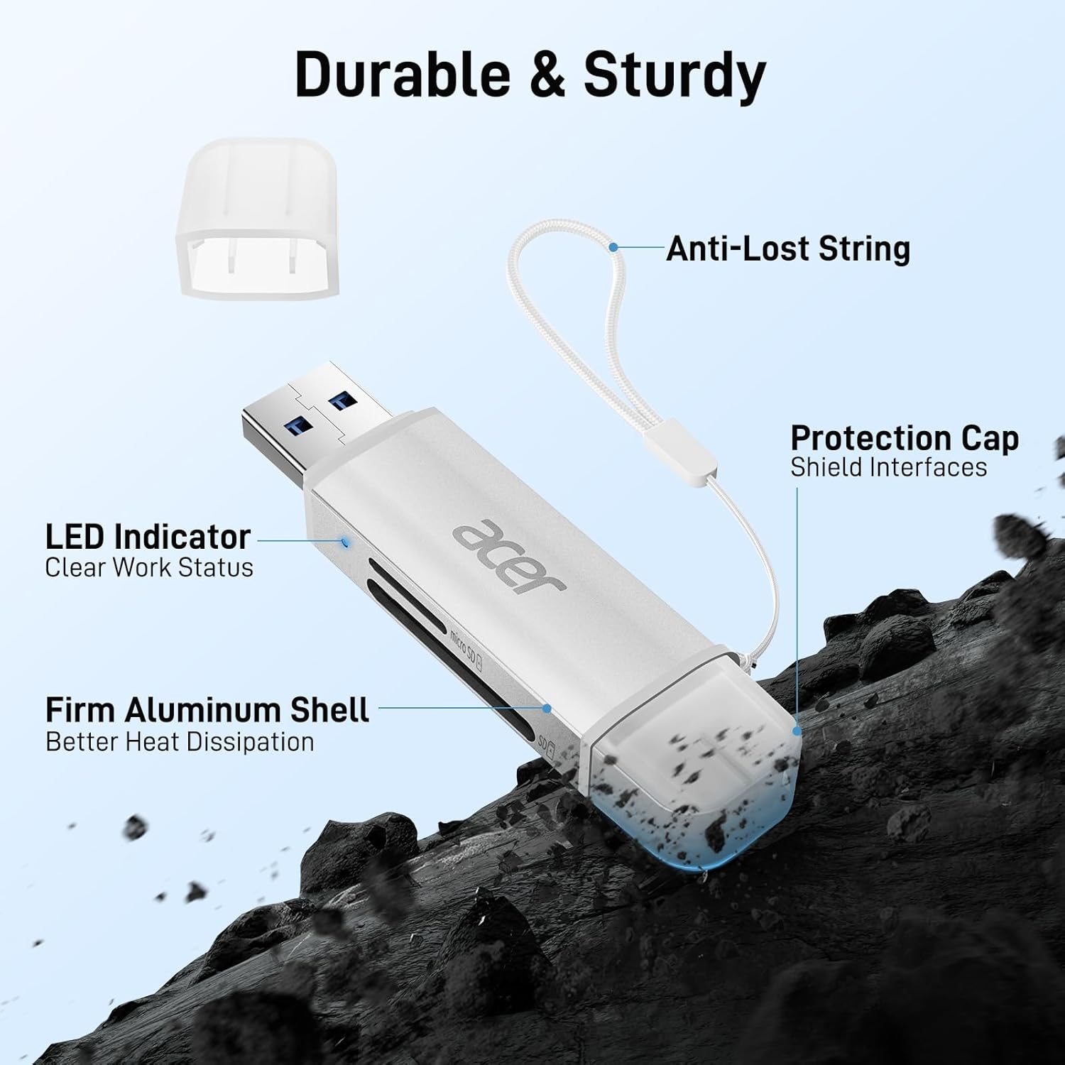 Durable & Sturdy  
Anti-Lost String  
LED Indicator  
Clear Work Status  
Firm Aluminum Shell  
Better Heat Dissipation  
Protection Cap  
Shield Interfaces