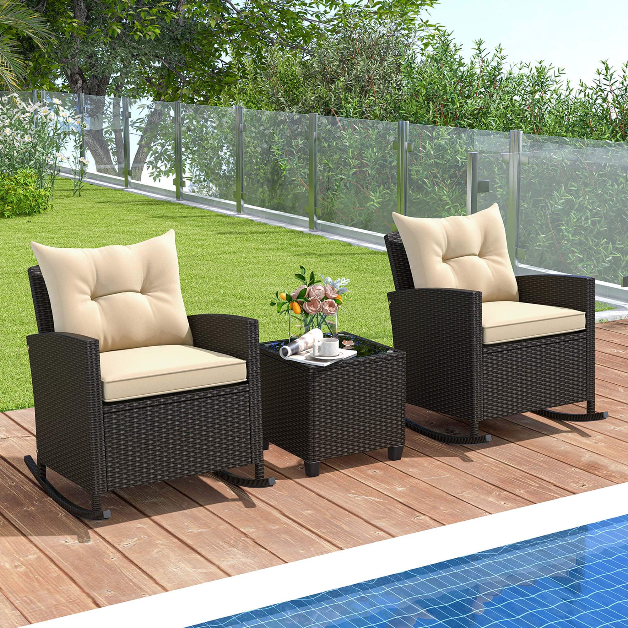 Alt View 3. Costway - 3 PCS Patio Wicker Rocking Set with Tempered Glass Table & Soft Cushions Outdoor - Beige + Mix Brown.