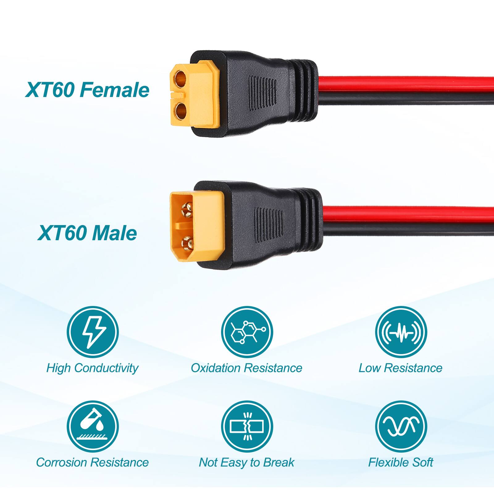 XT60 Female  
XT60 Male  
High Conductivity  
Oxidation Resistance  
Low Resistance  
Corrosion Resistance  
Not Easy to Break  
Flexible Soft