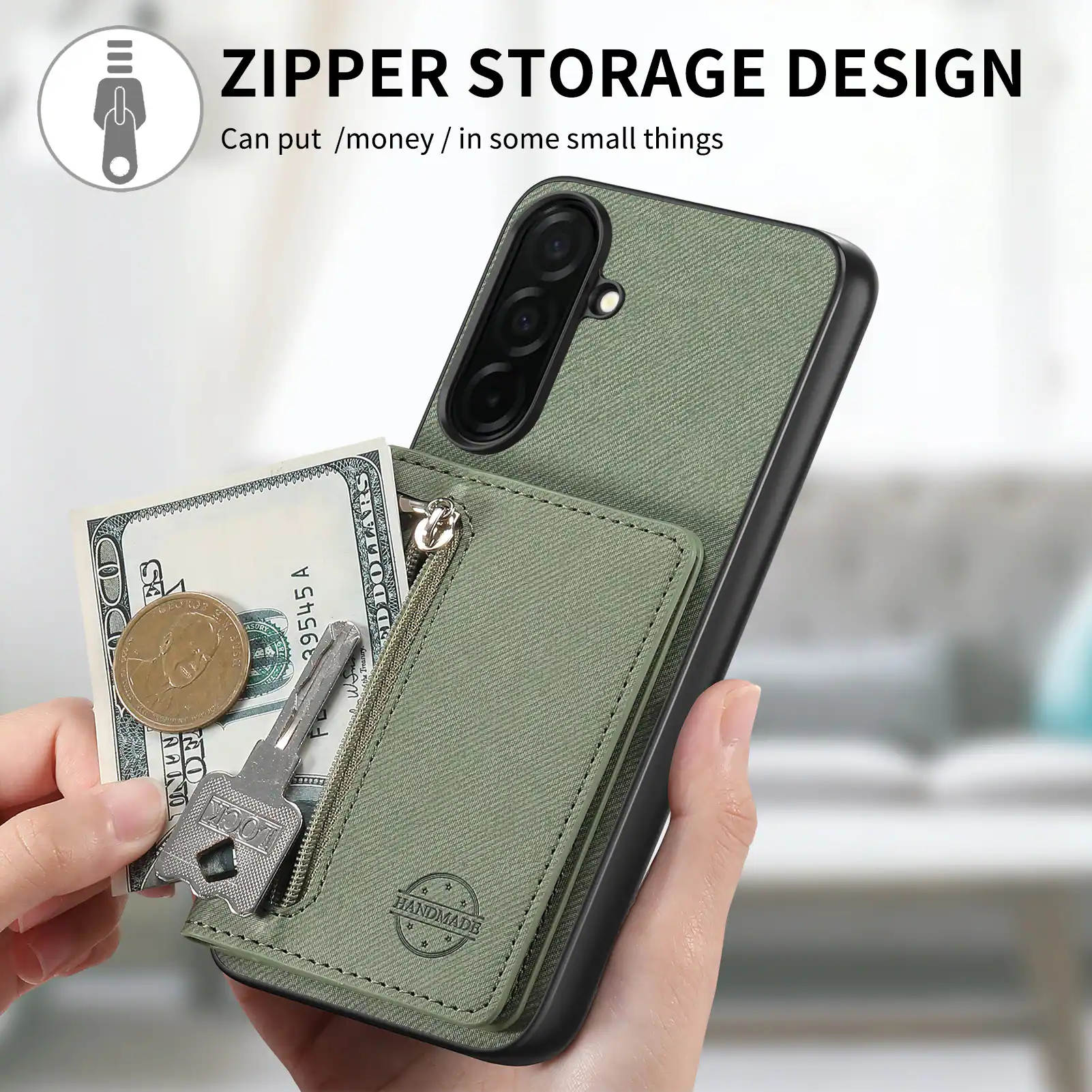 ZIPPER STORAGE DESIGN  
Can put /money/ in some small things  

1 UYPN OF A 39545 ARS DDOLIARS  

HANDMADE