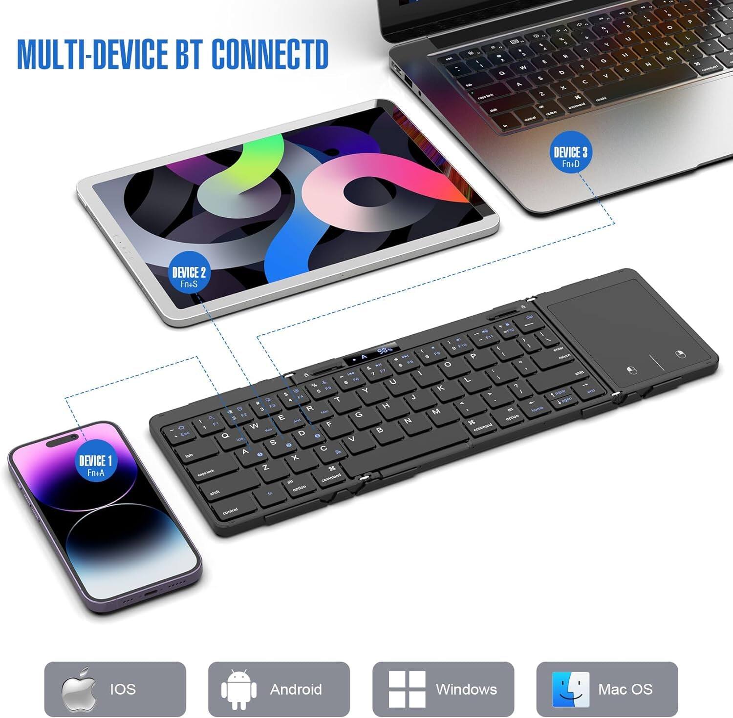 MULTI-DEVICE BT CONNECTED

DEVICE 1
Fn+A

DEVICE 2
Fn+S

DEVICE 3
Fn+D

IOS Android Windows Mac OS