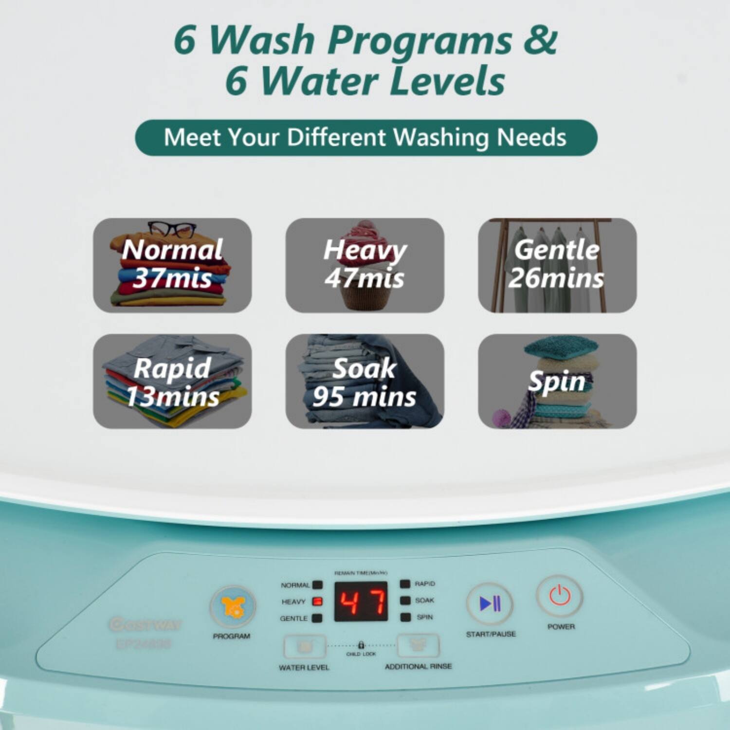 6 Wash Programs & 6 Water Levels  
Meet Your Different Washing Needs  

- Normal: 37 mins  
- Heavy: 47 mins  
- Gentle: 26 mins  
- Rapid: 13 mins  
- Soak: 95 mins  
- Spin  

GOSTWAY PROGRAM EP24898  
NORMAL HEAVY GENTLE  
4 7  
RAPID SOAK SPIN  
START/PAUSE POWER  
WATER LEVEL  
ADDITIONAL RINSE