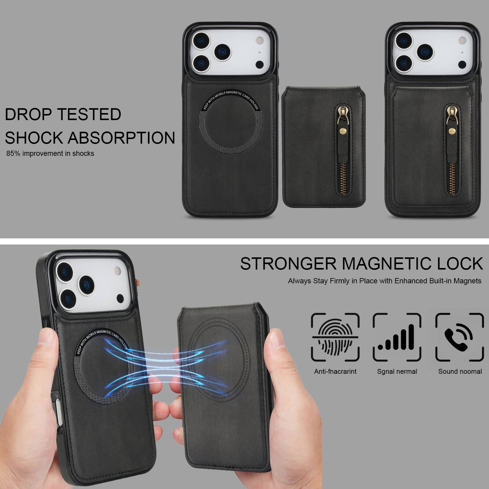 DROP TESTED SHOCK ABSORPTION  
85% improvement in shocks  

STRONGER MAGNETIC LOCK  
Always Stay Firmly in Place with Enhanced Built-in Magnets  

Anti-fingerprint  
Signal normal  
Sound normal