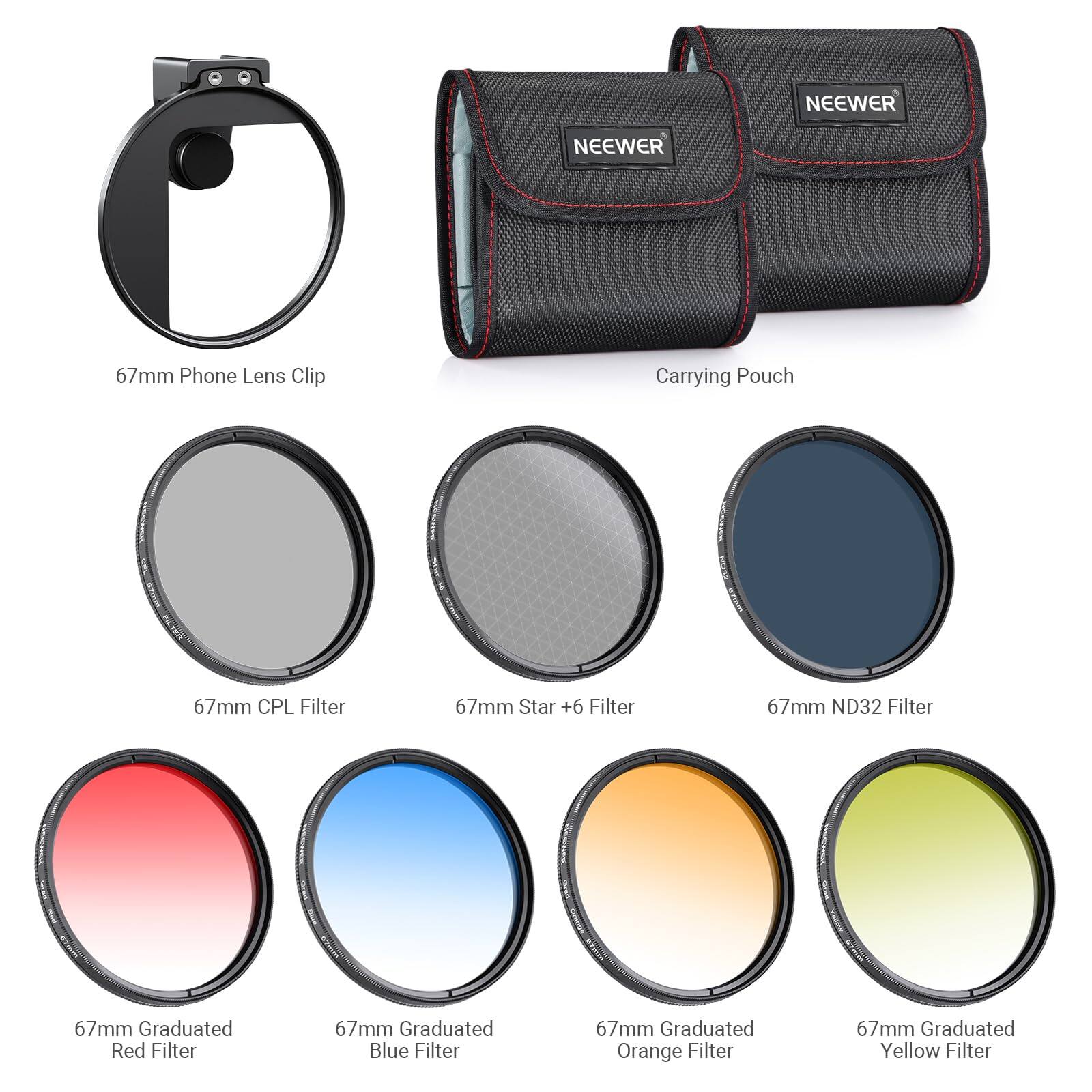 NEEWER 67mm Phone Lens Clip Carrying Pouch 67mm CPL Filter 67mm Star +6 Filter 67mm ND32 Filter 67mm Graduated Red Filter 67mm Graduated Blue Filter 67mm Graduated Orange Filter 67mm Graduated Yellow Filter