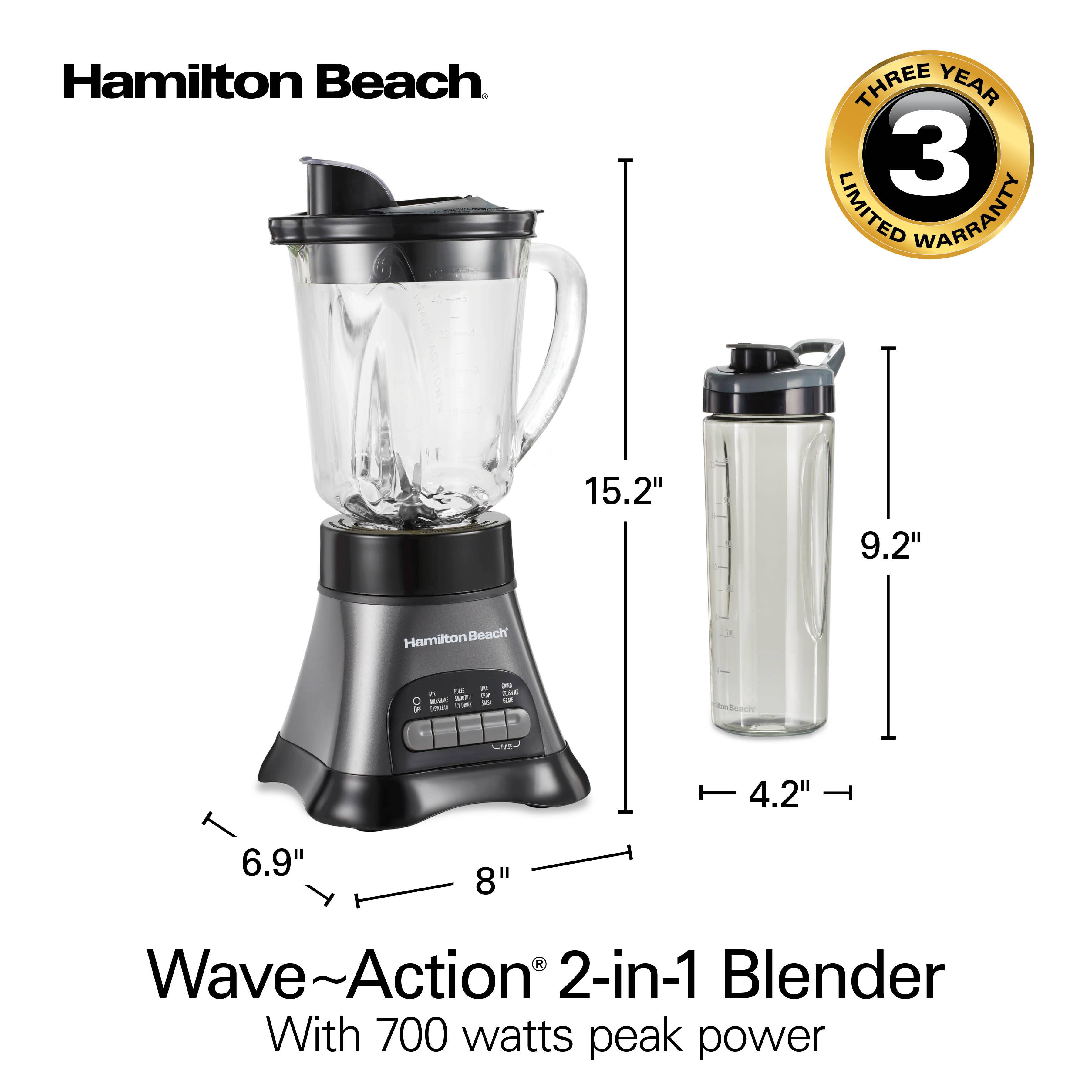 Hamilton Beach

THREE YEAR LIMITED WARRANTY

Wave~Action 2-in-1 Blender

With 700 watts peak power

15.2"  
9.2"  
6.9"  
8"  
4.2"