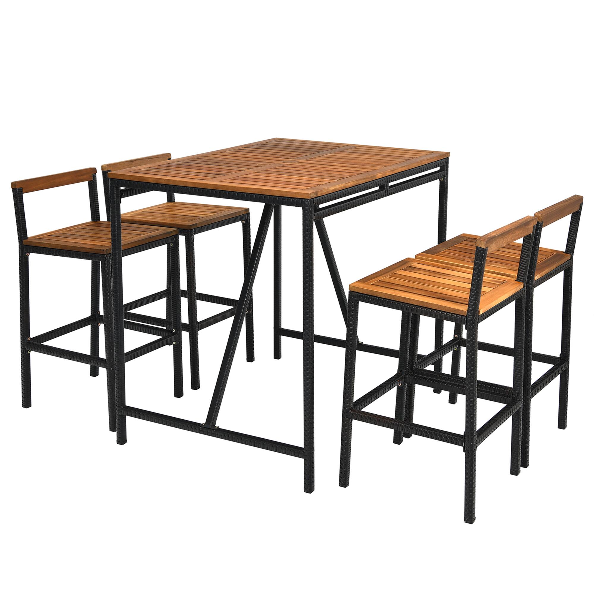 Alt View 8. Gymax - Gymax 5PCS Patio Bar Table Set PE Rattan High-Dining Bistro Set w/ Acacia Wood Top - Black.