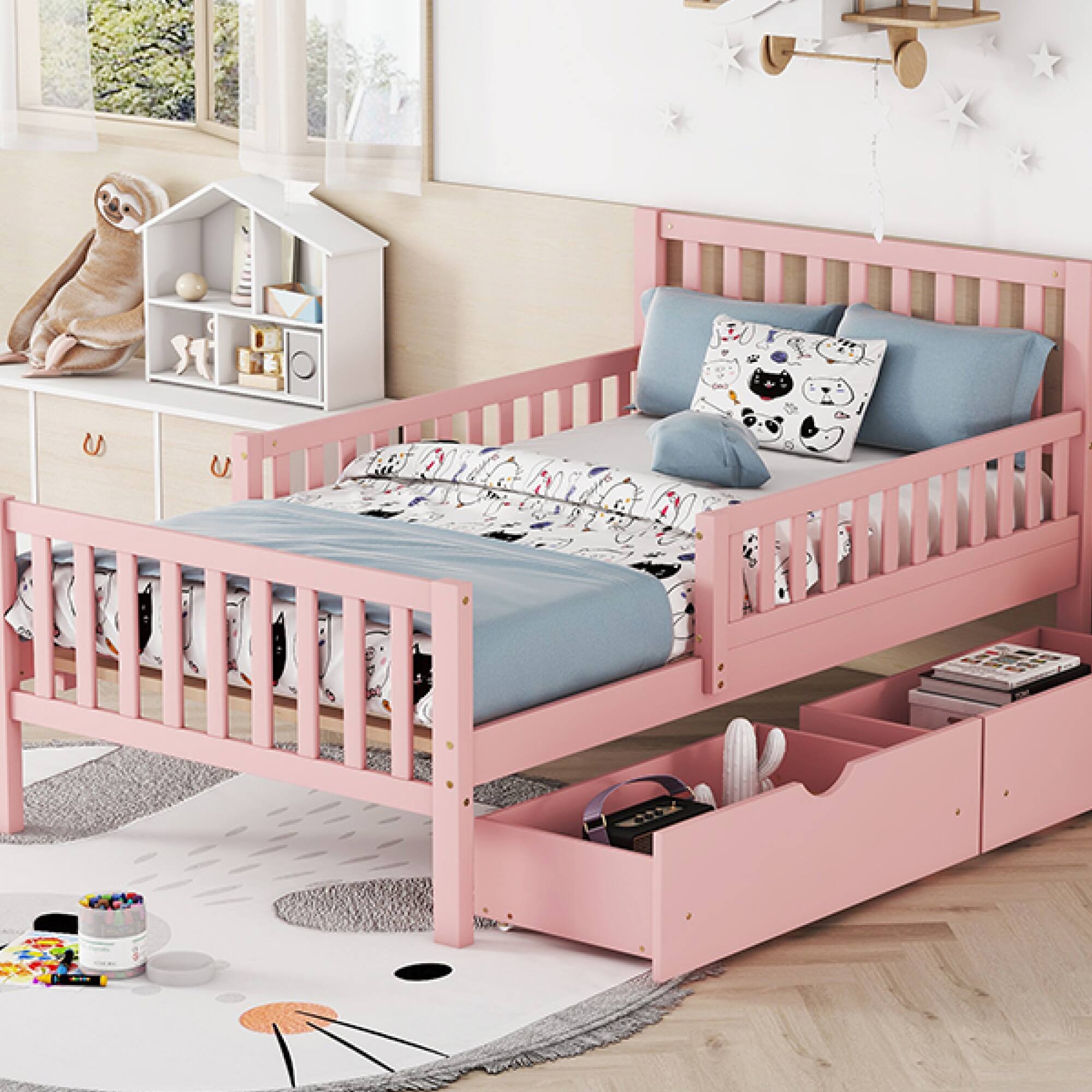 Alt View 8. GOODSILO - Twin Size Wood Platform Bed with Dual Guardrails and Underbed Storage Drawers for Enhanced Safety and Organization - Pink.
