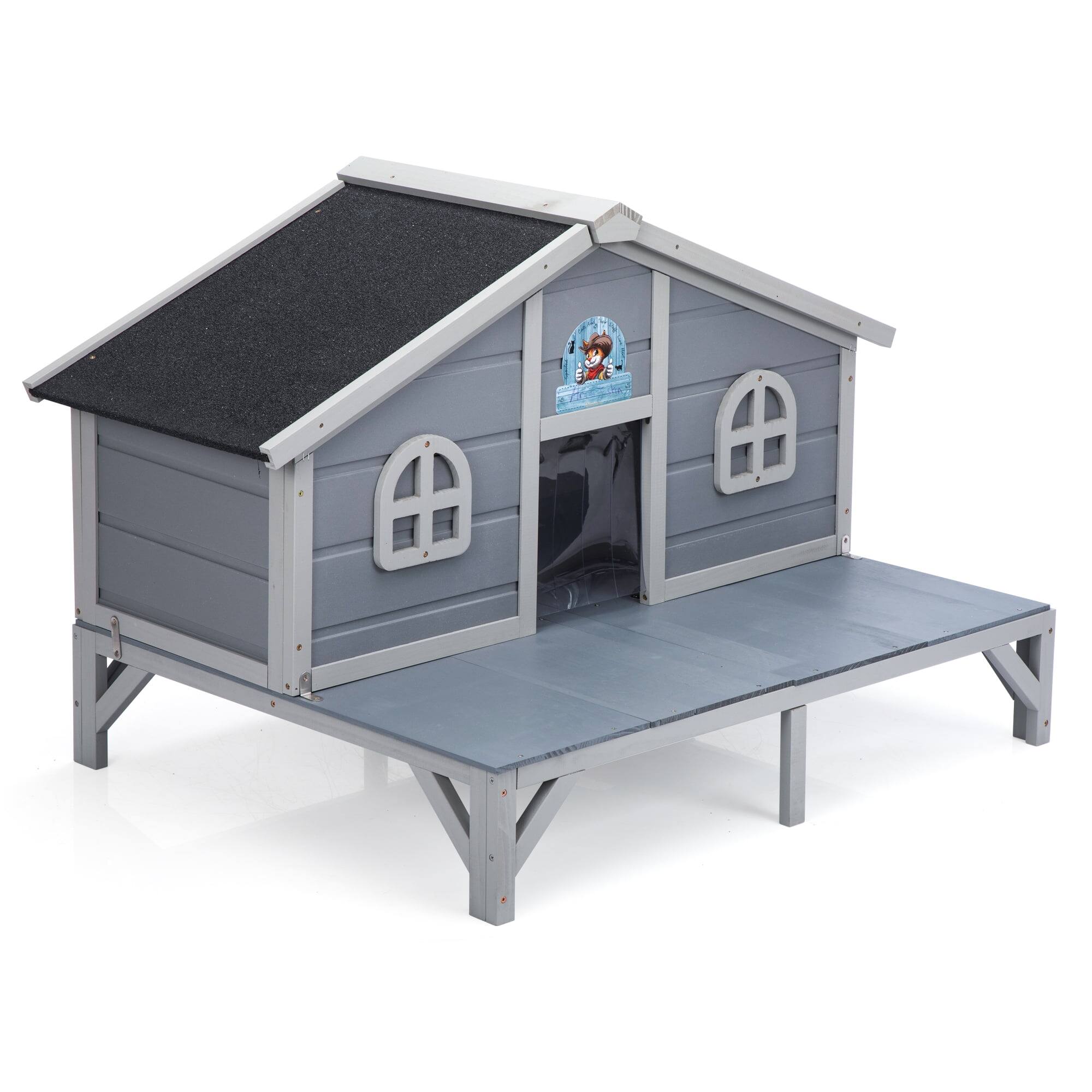 Alt View 2. Pefilos - 43" All Weather Wooden Cat House for Indoor and Outdoor Weatherproof Cat Shelter with Escape Door, Fringe Curtains.