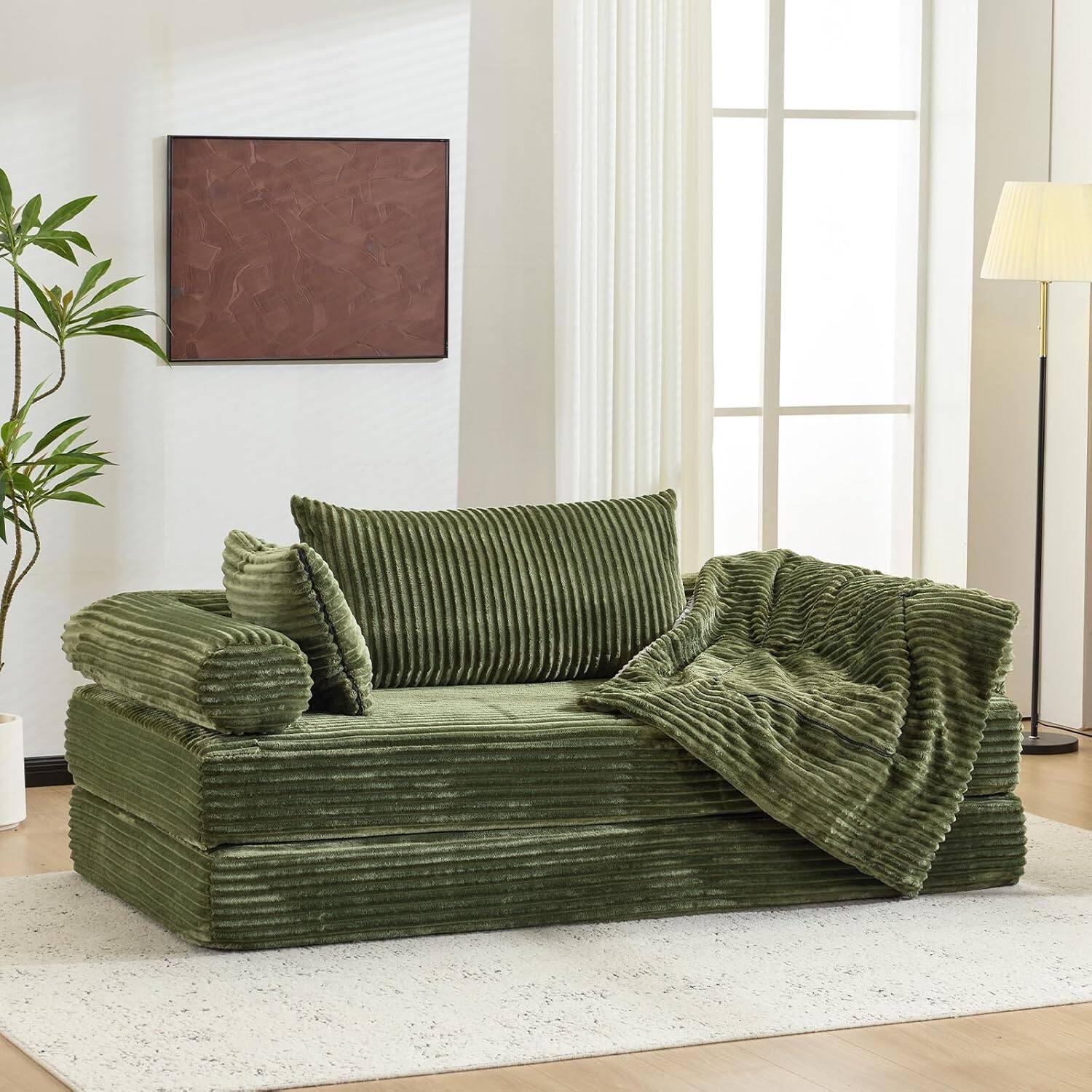 Alt View 7. Winado - Convertible Futon Sofa Bed Corduroy Couch Loveseat Sleeper Sofa, 2-in-1 Throw Pillow & Blanket Couches for Living Room - Green.