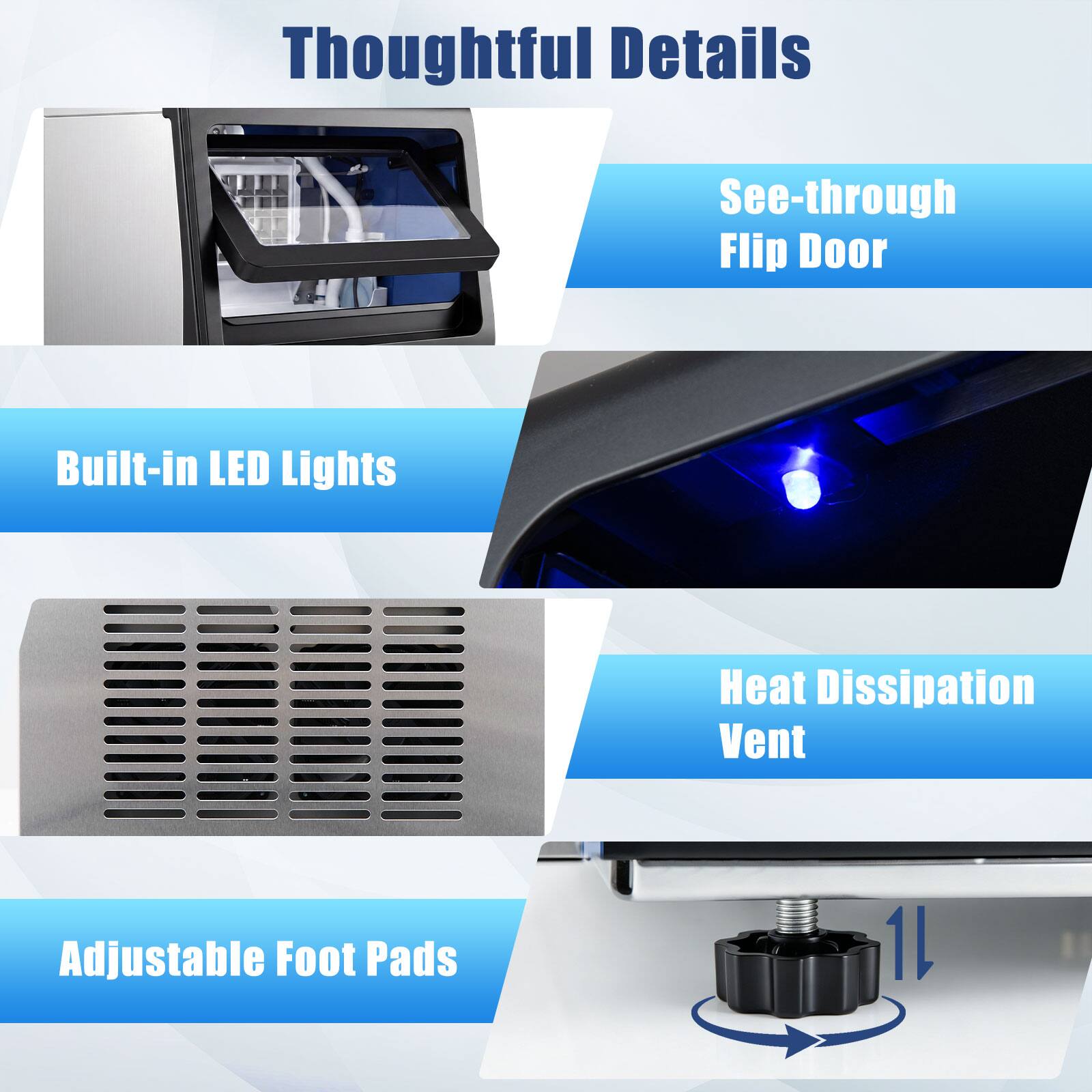 Thoughtful Details

- See-through Flip Door
- Built-in LED Lights
- Heat Dissipation Vent
- Adjustable Foot Pads
- 1L