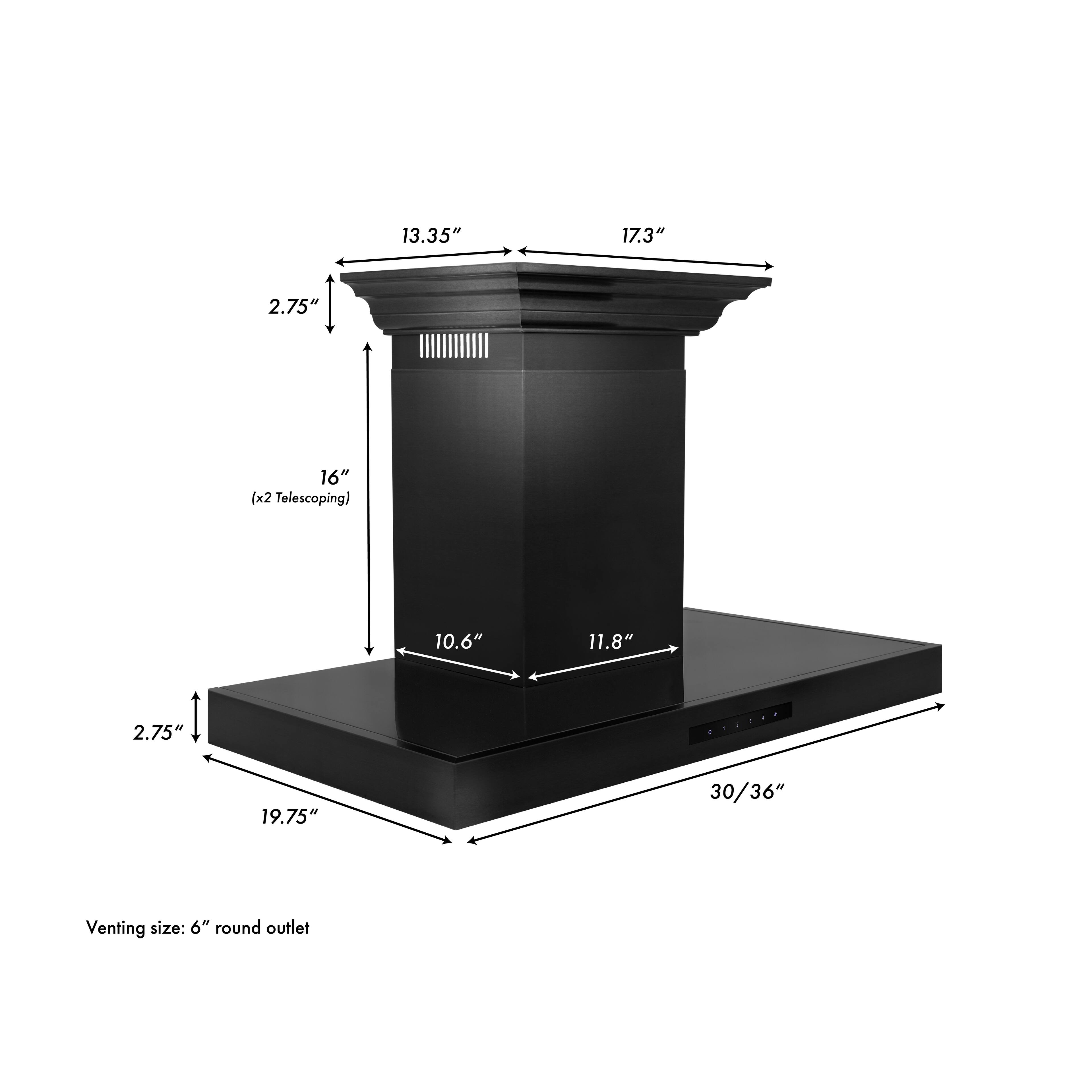 13.35" 17.3" 2.75" 16" (x2 Telescoping) 10.6" 11.8" 2.75" 19.75" 30/36" Venting size: 6" round outlet