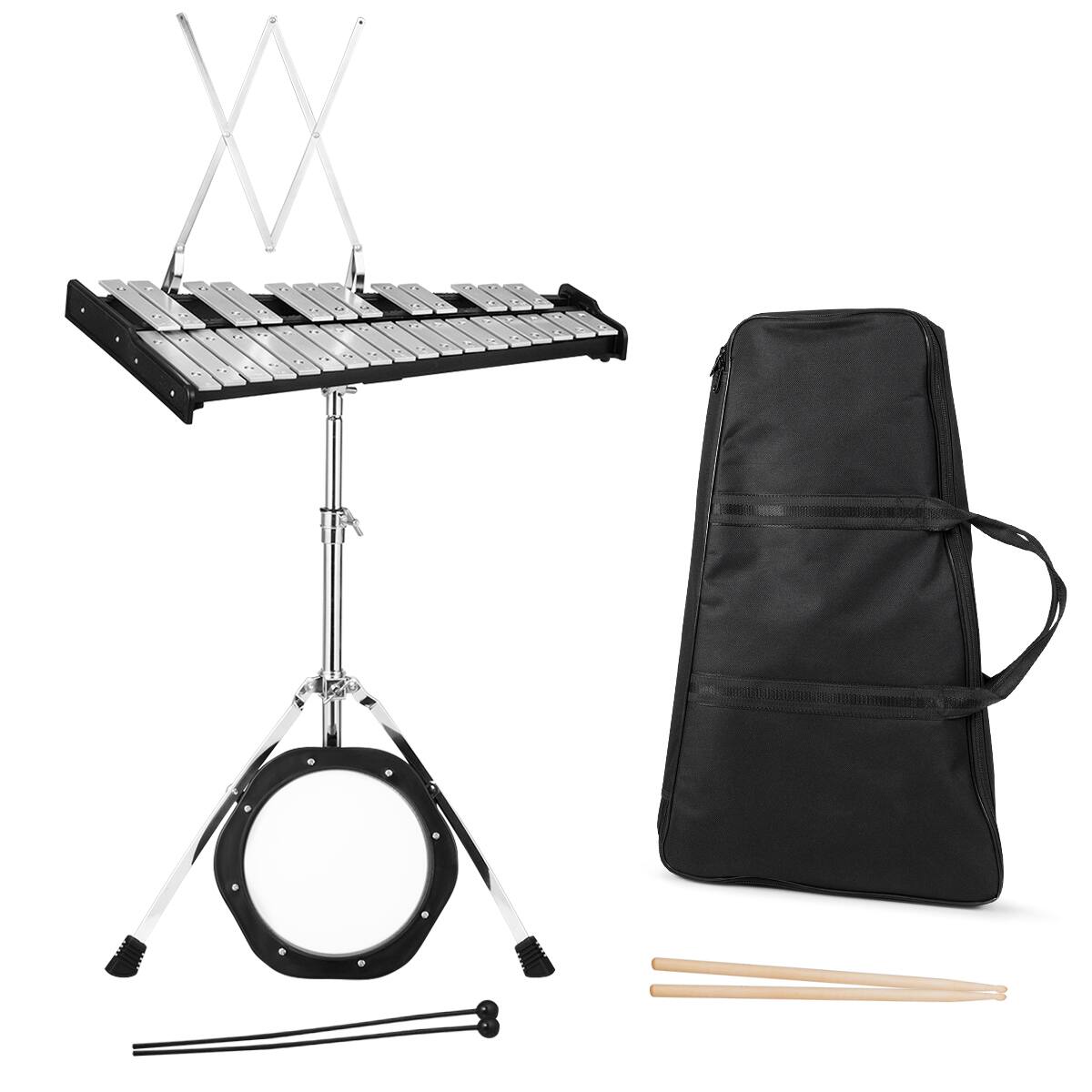 Front. Costway - Costway 30 Notes Percussion Glockenspiel Bell Kit with Practice Pad Mallets Sticks Stand - Black,Silver.