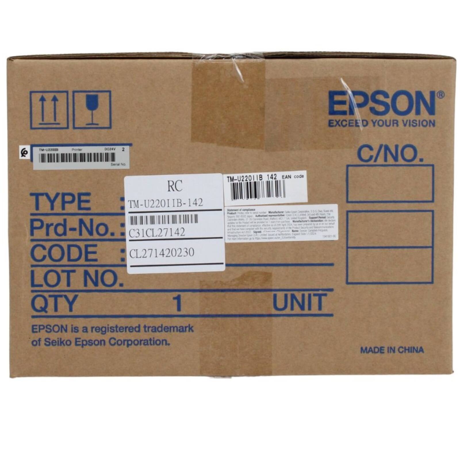 EPSON  
EXCEED YOUR VISION  

TYPE: TM-U220IB-142  
Prod-No.: C31CL27142  
CODE: CL271420230  
LOT NO.  
QTY 1  
UNIT  

EPSON is a registered trademark of Seiko Epson Corporation.  
MADE IN CHINA