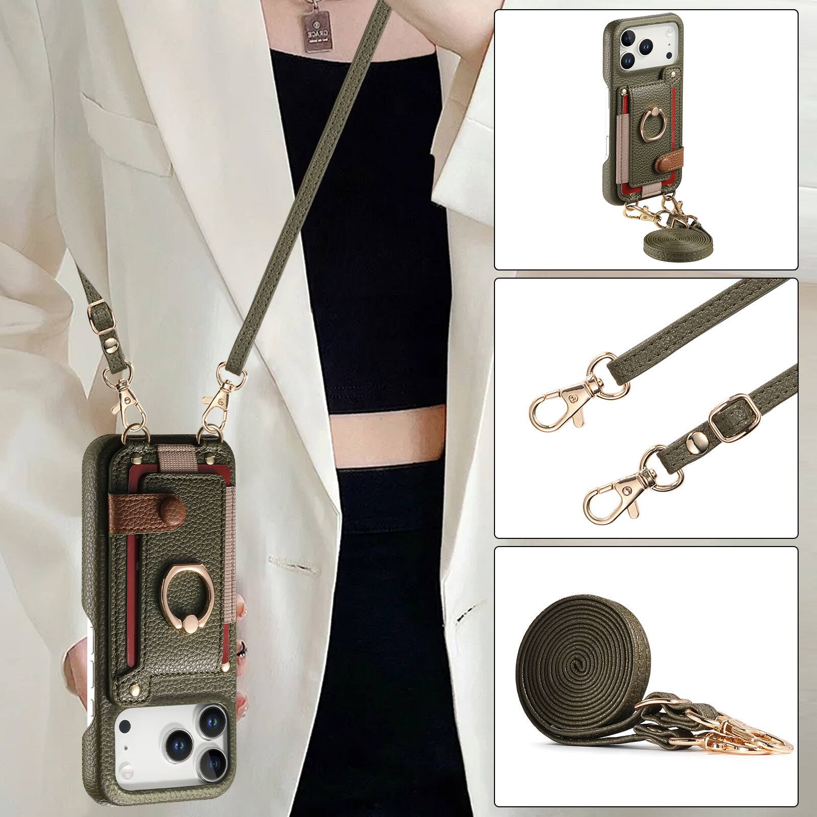 Alt View 2. Dteck - Lychee Texture Wallet Case for Apple iPhone 17 Pro with Metal Ring Stand,Crossbody Faux Leather Cover with Card Holder - Midnightgreen.