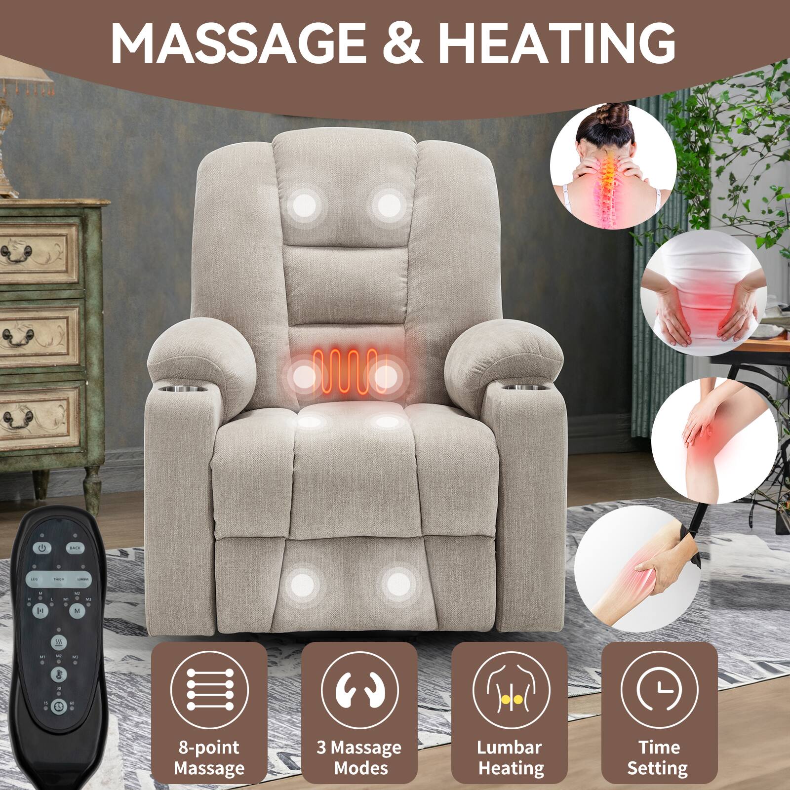 MASSAGE & HEATING

8-point Massage  
3 Massage Modes  
Lumbar Heating  
Time Setting