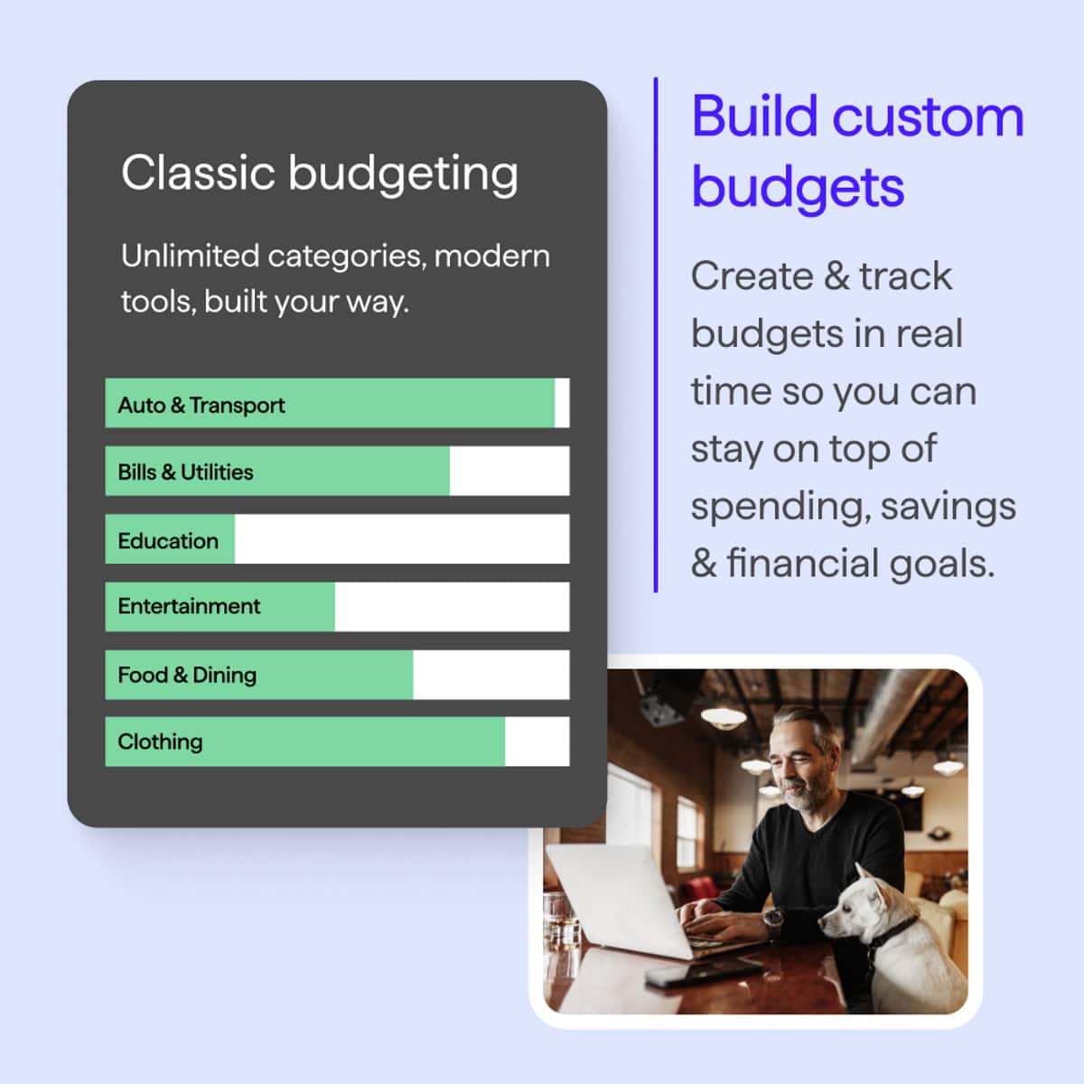 Classic budgeting
Unlimited categories, modern tools, built your way.
- Auto & Transport
- Bills & Utilities
- Education
- Entertainment
- Food & Dining
- Clothing
Build custom budgets
Create & track budgets in real time so you can stay on top of spending, savings & financial goals.