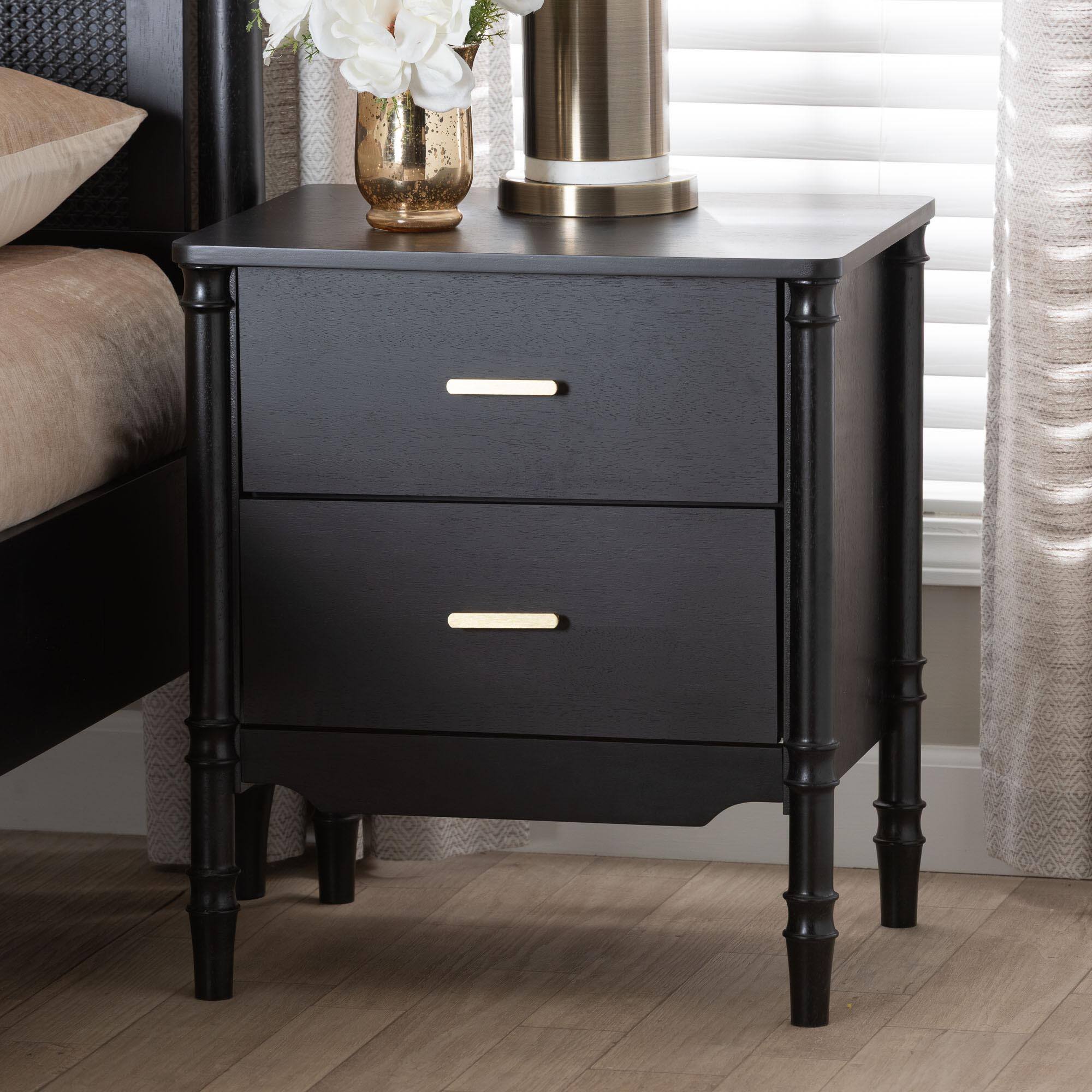 Alt View 4. Baxton Studio - Marisela Wood Nightstand with Gold Handles - 2-Drawer Bedside Table with Bamboo-Inspired Legs - Black.