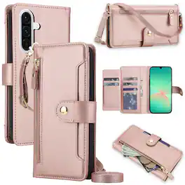 Dteck - Zipper Wallet Case for Samsung Galaxy A17 5G,Detachable Crossbody Flip Faux Leather Card Slots Kickstand Cover+Lanyard - Rosegold