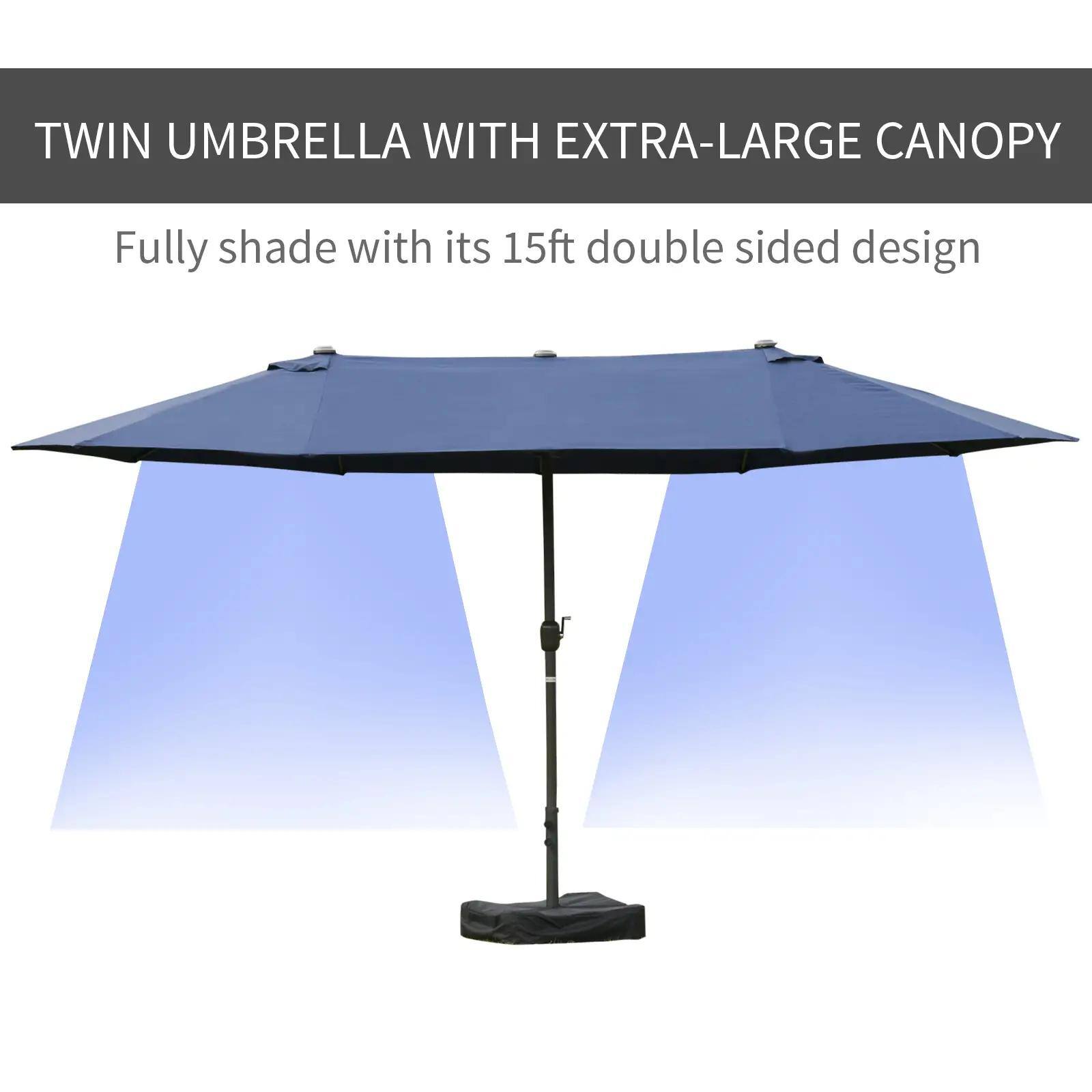 TWIN UMBRELLA WITH EXTRA-LARGE CANOPY

Fully shade with its 15ft double sided design
