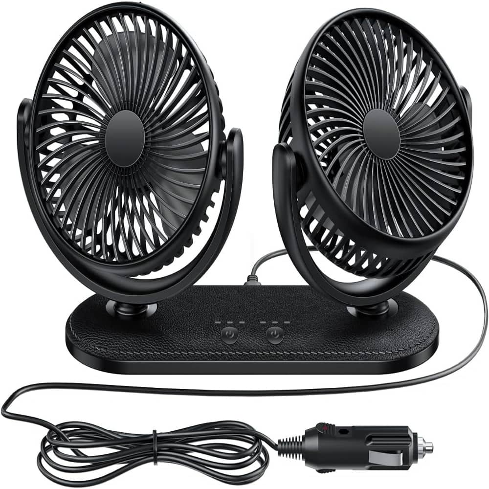 Loheer - 12V Car Fan Dual Head Portable Auto Cooling Fan for Dashboard and RV
